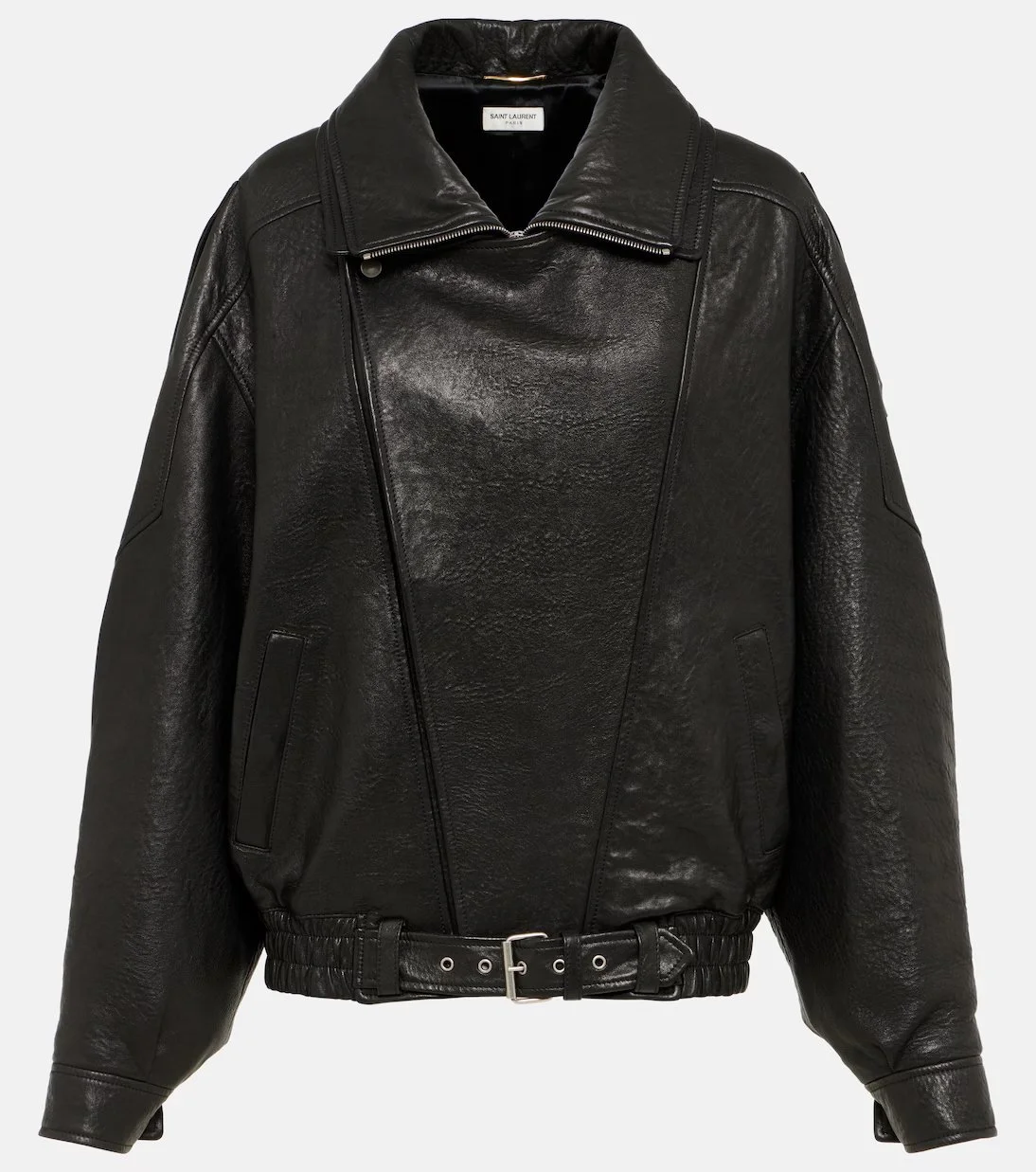 Black leather oversized jacket with a collar, zipper closure, and buckle detail at the waist.