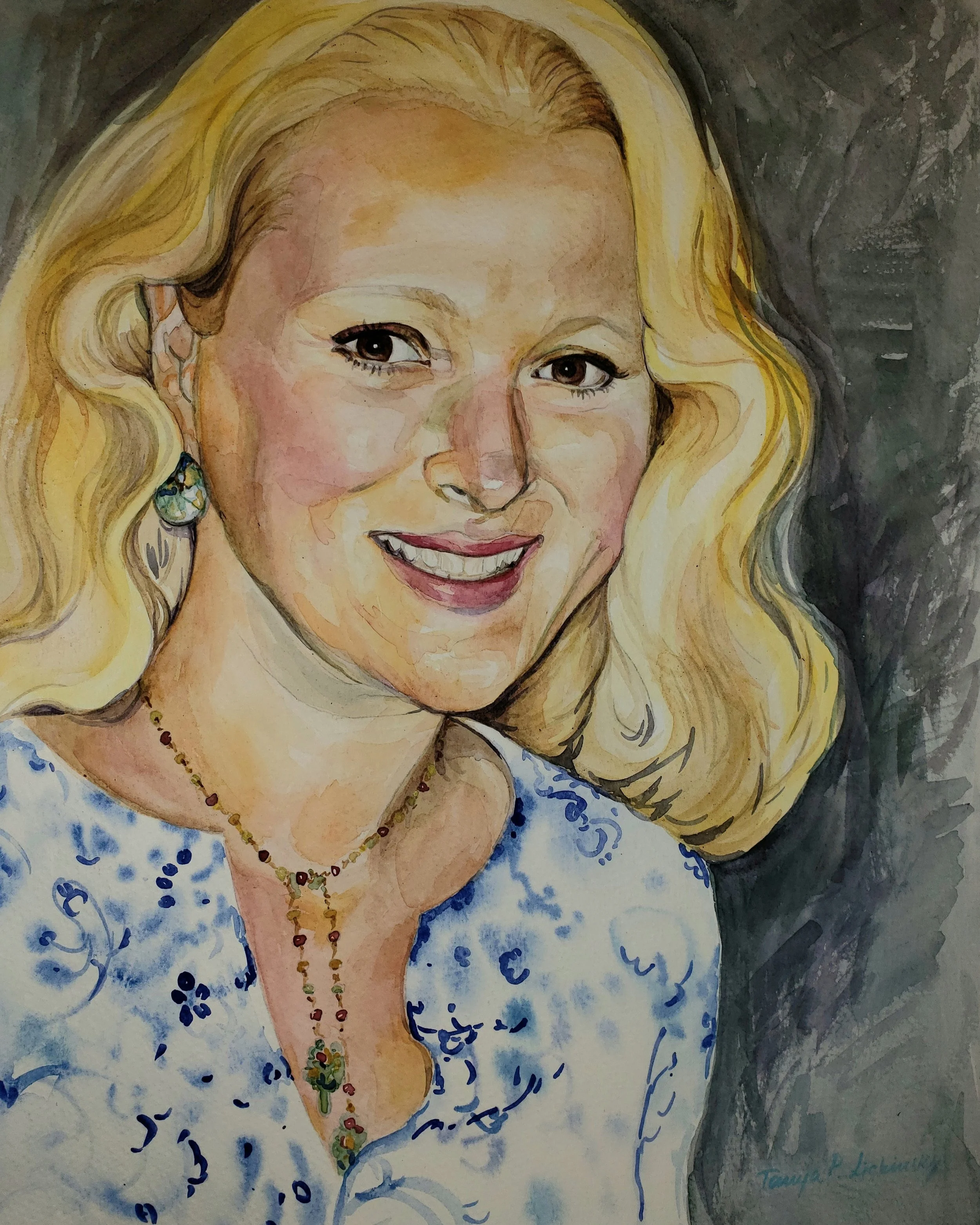 Watercolor painting of a woman with blonde hair, wearing earrings, a necklace, and a blue dress with blue patterns, with a dark background.