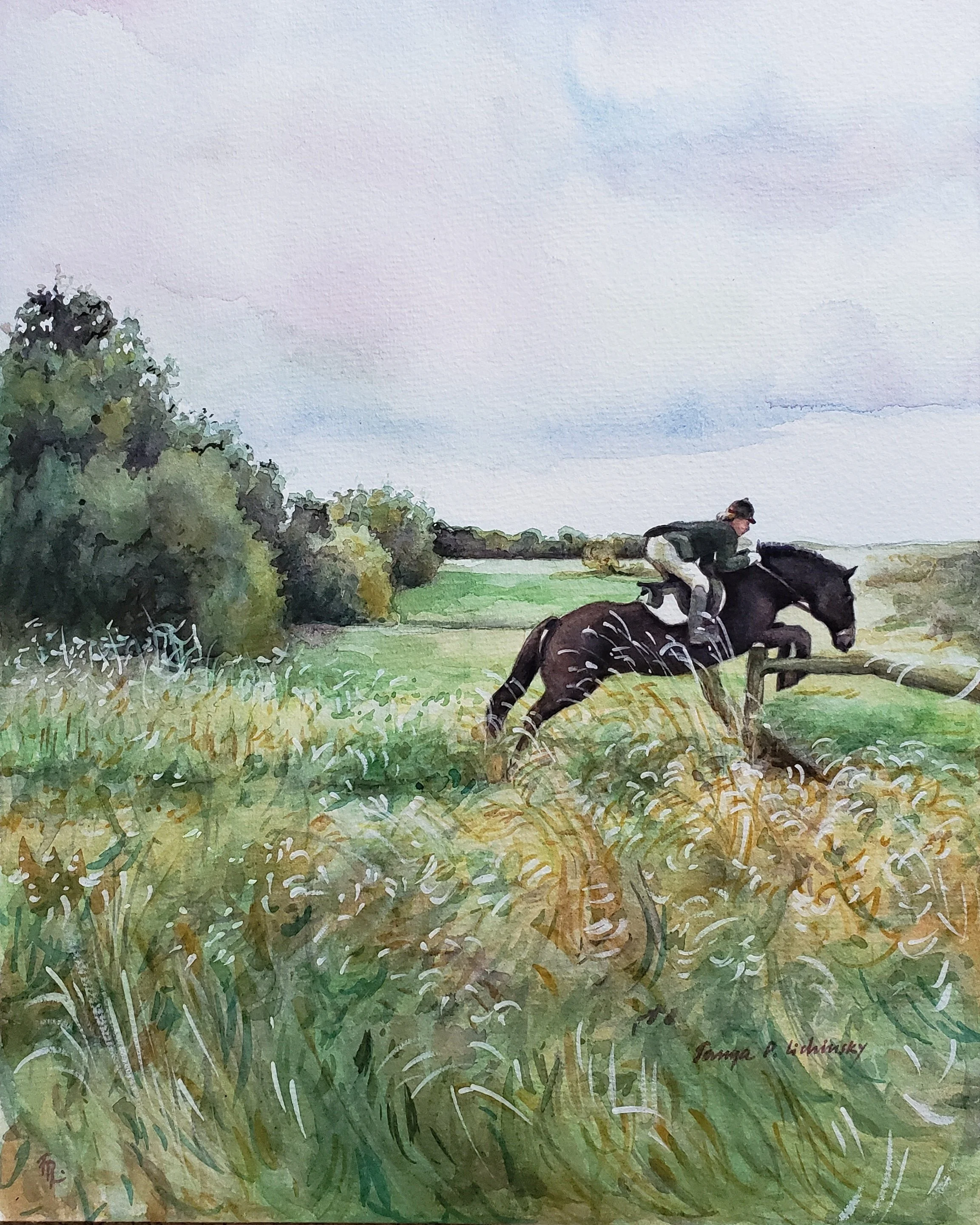 A watercolor painting of a person riding a dark horse through a grassy field, with trees in the background and a cloudy sky overhead.