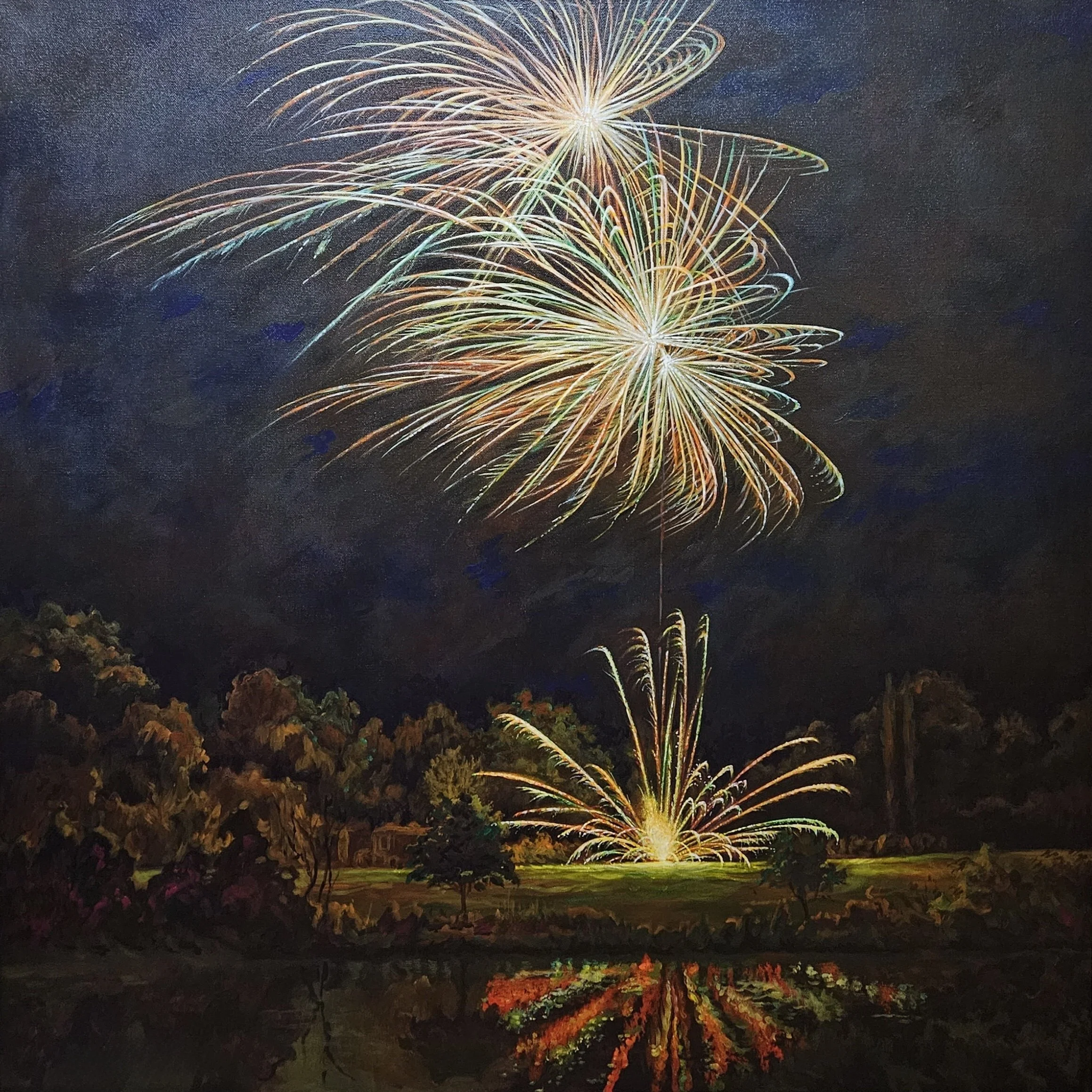 Colorful fireworks exploding across the night sky above a landscape with trees and shrubs.