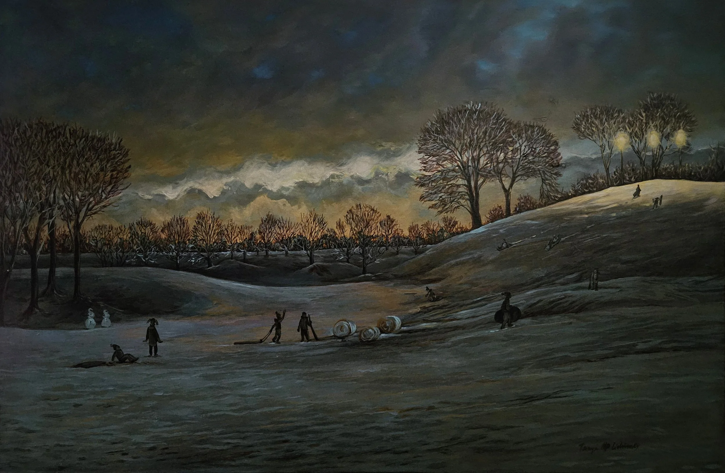 A winter landscape painting depicts a snow-covered hill with leafless trees, some with glowing lights, under a dark, cloudy sky during dusk or dawn. Silhouettes of people are seen engaging in outdoor activities like sledding and playing, and hay bale