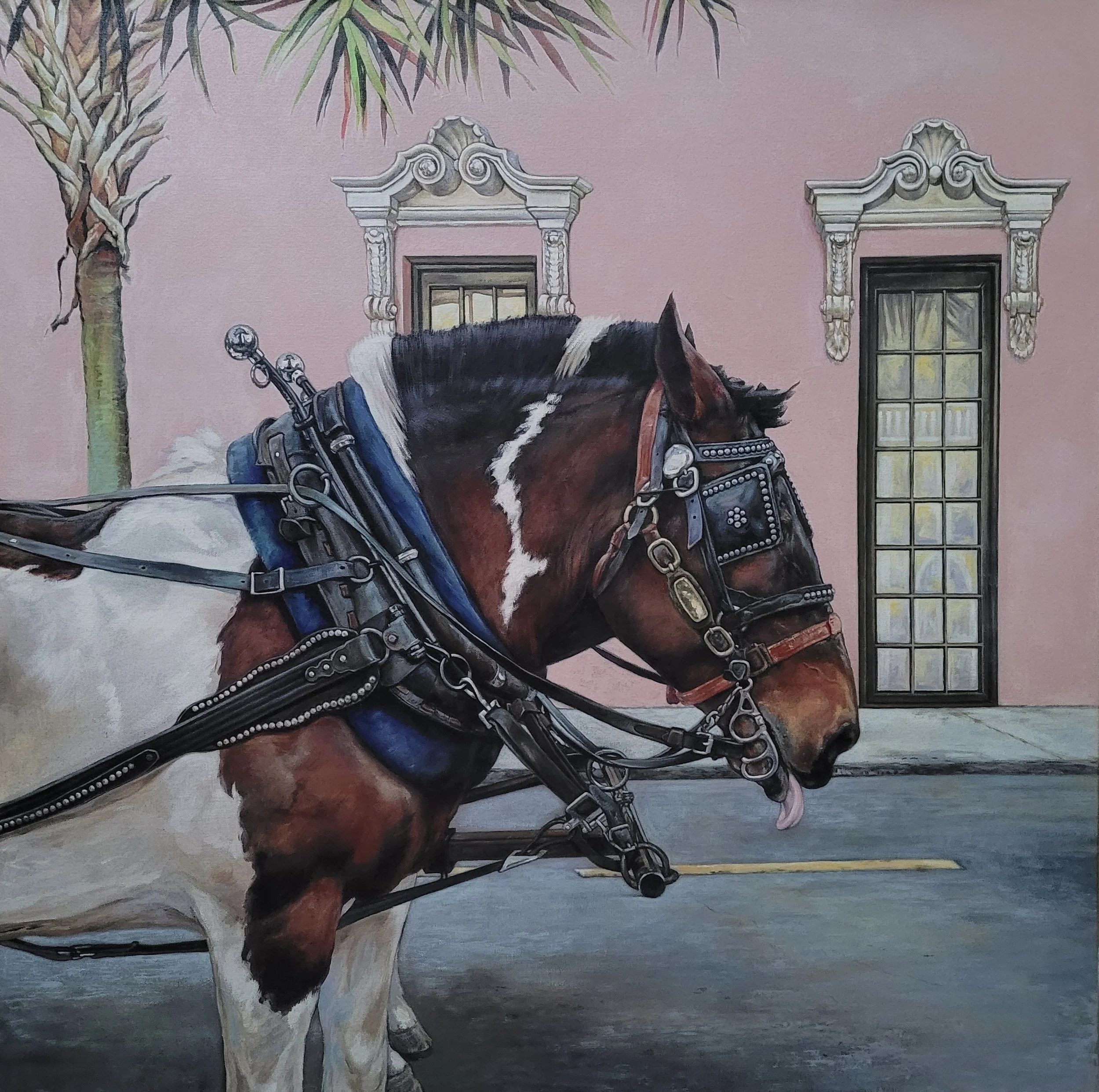A painting of a horse wearing a harness with a cloud partly covering its face, standing in front of a pink wall with two windows and a tree.