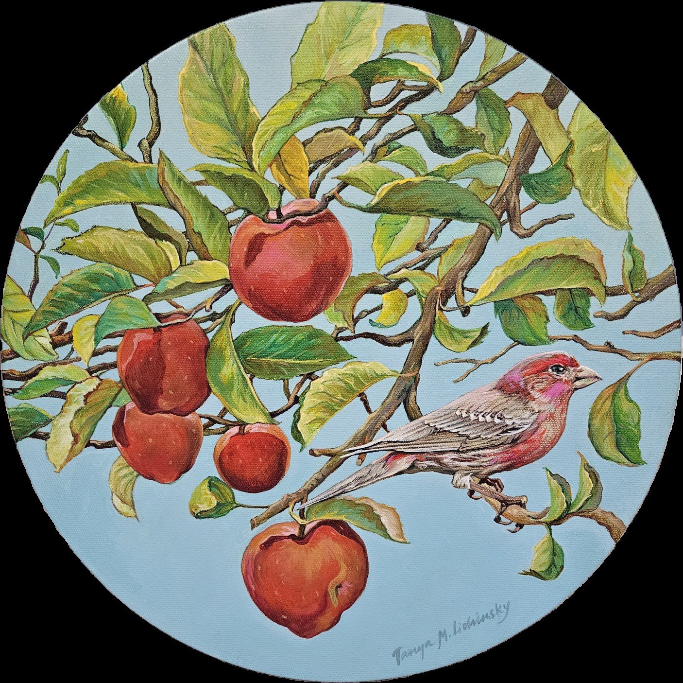 A painting of a branch with red apples, green leaves, and a pink and brown bird against a light blue sky background.
