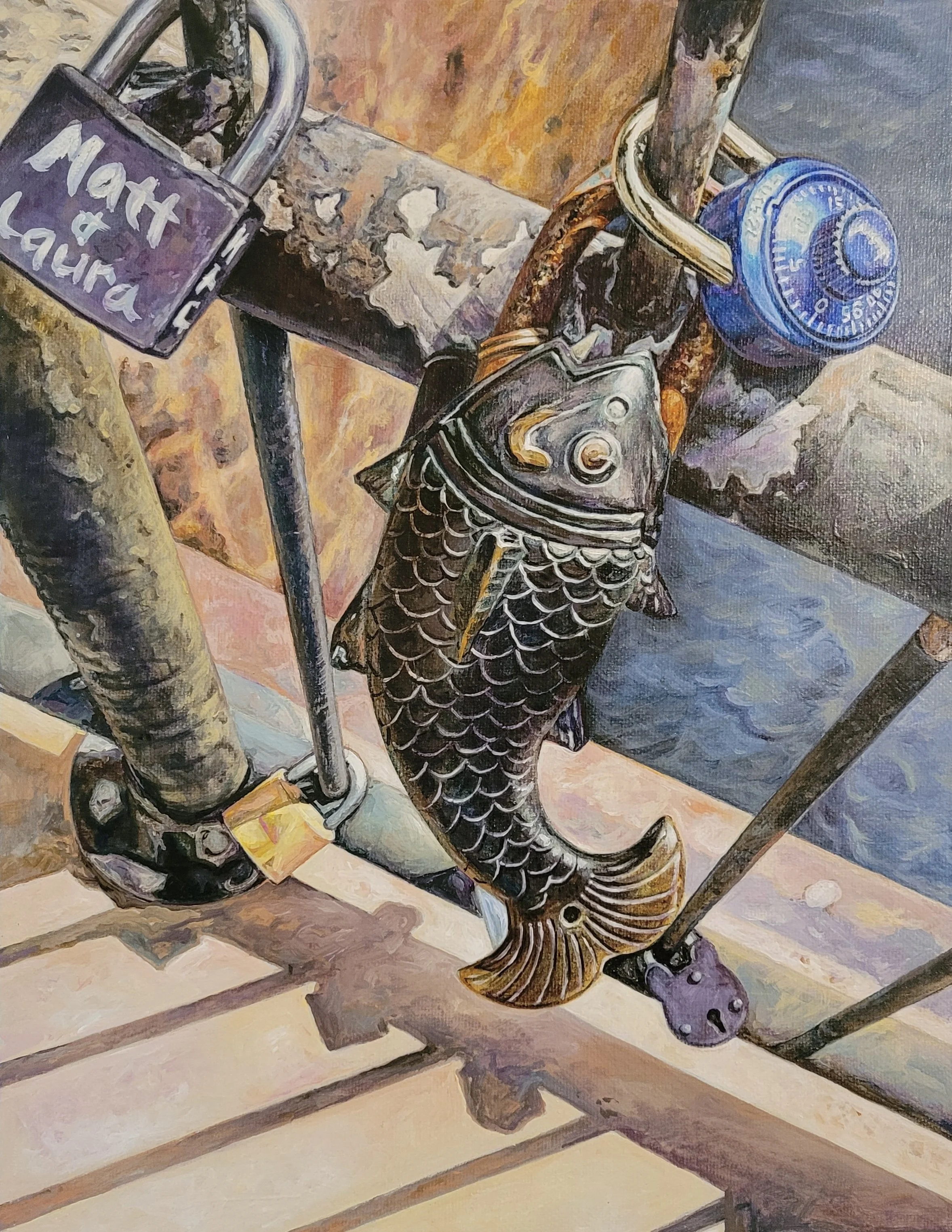 Close-up of a painted image of a fish with a scale pattern, holding a skateboard with one fin. The skateboard has a purple skateboard lock attached, and the scene is set on a wooden surface with shadows and a background of purple, beige, and brown to