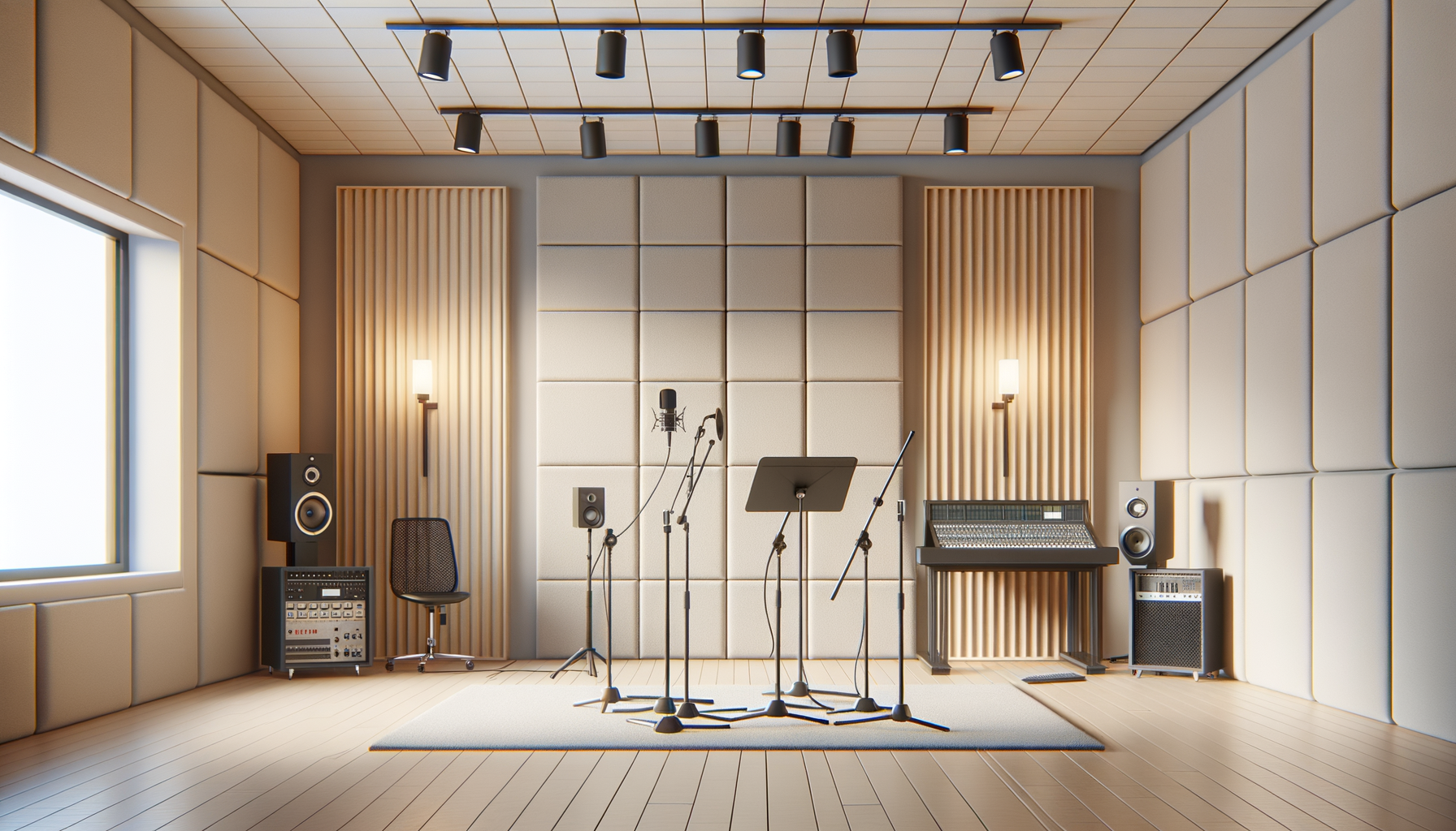 A professional recording studio with beige soundproof walls, black stage lights on the ceiling, and musical equipment including microphones, an audio mixing console, speakers, and a chair. There are two wall-mounted lamps and a large window letting in natural light.