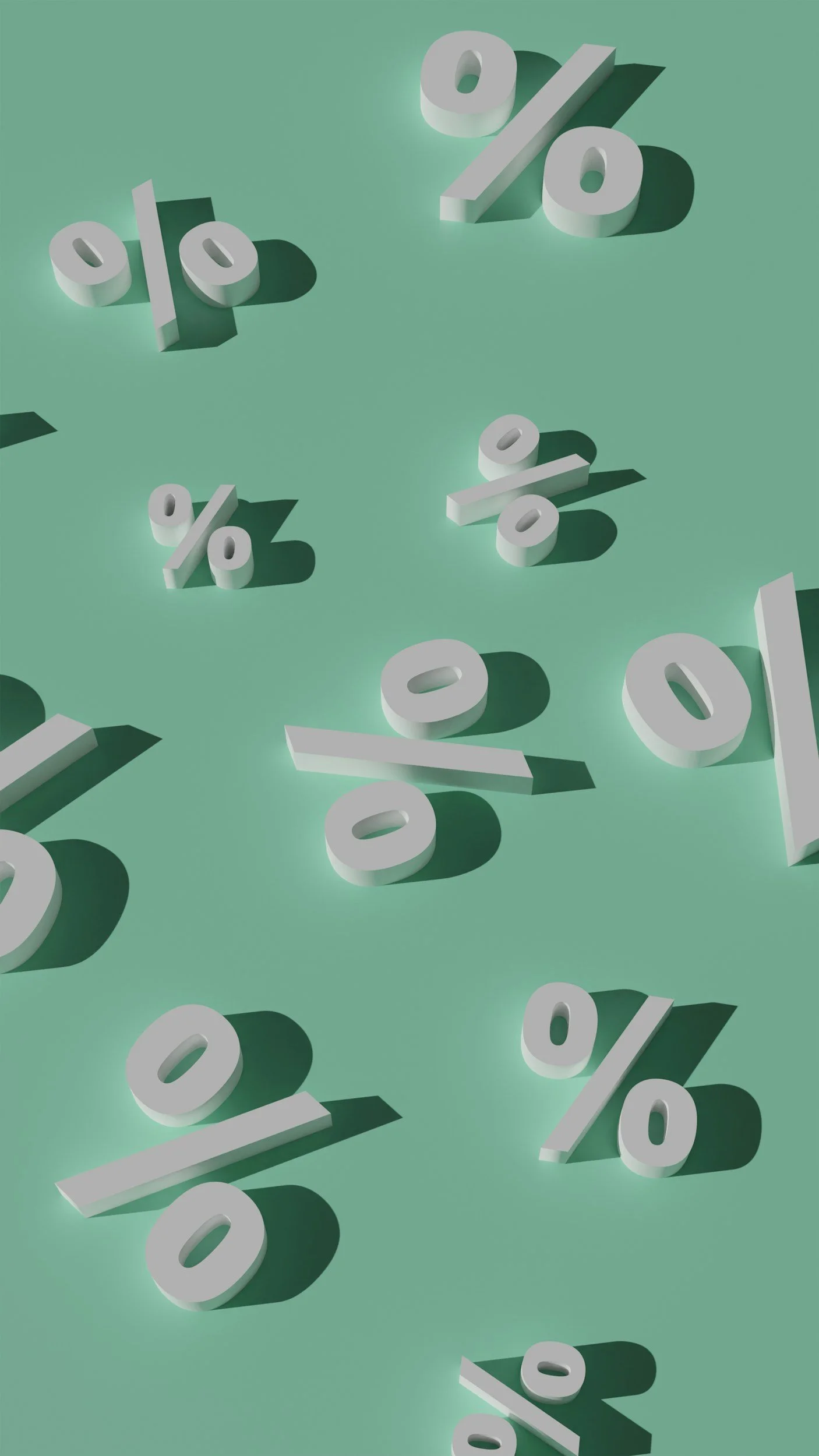 Multiple white 3D percentage symbols scattered on a light green surface, casting shadows.