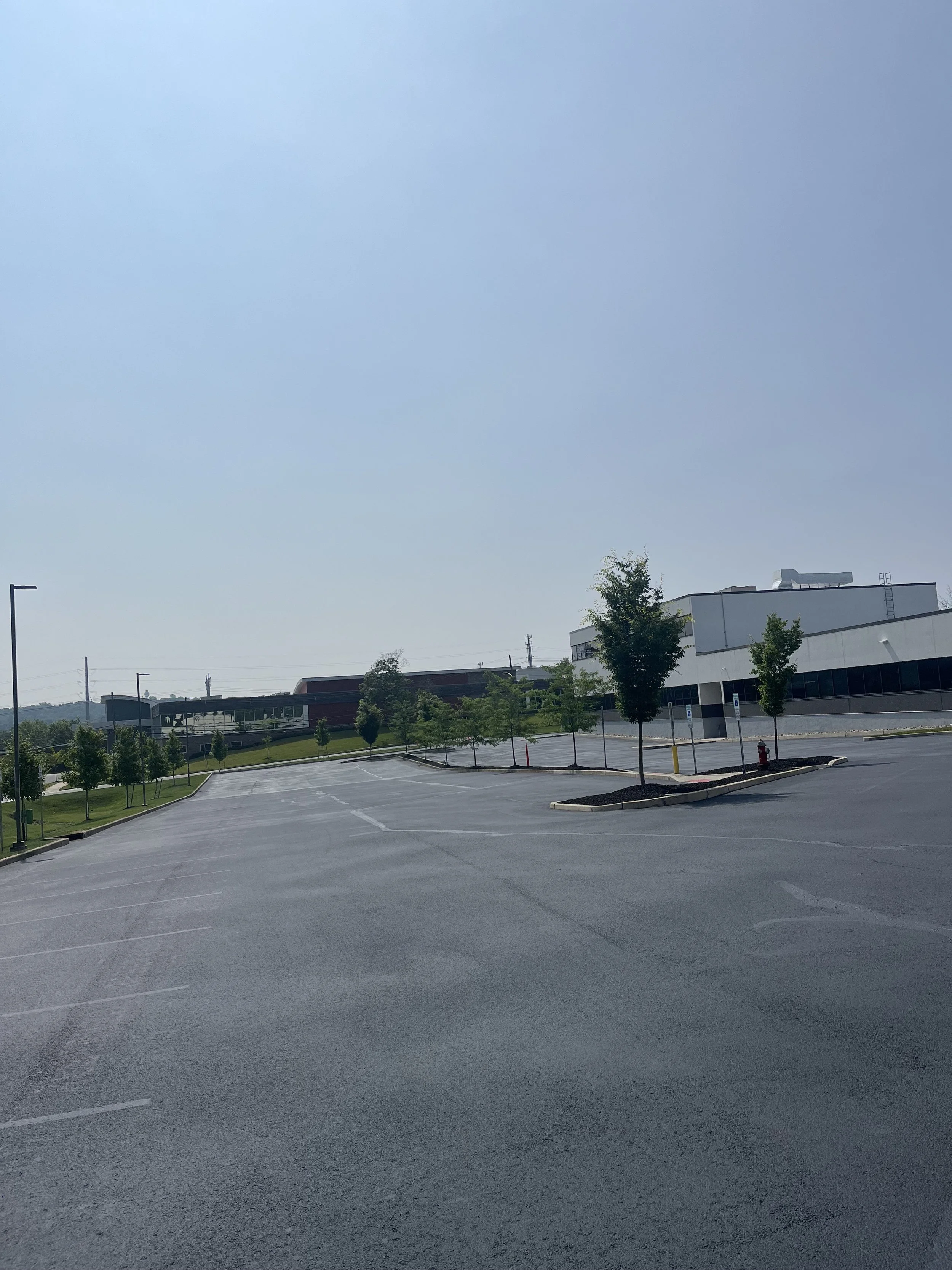 A mostly empty parking lot with a few trees, a sidewalk, and a white building with black accents under a clear blue sky.