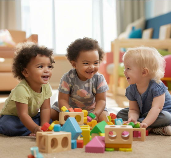 Three young children playing together with wooden building blocks on a carpeted floor in a bright room.