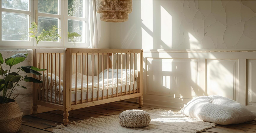 Bright bedroom with a wooden crib, large window with white curtains, potted plant, woven wall hanging, textured rug, knitted pouf, and large floor pillow with sunlight streaming in.