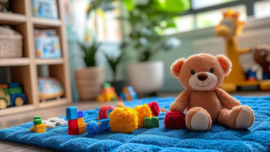 A plush teddy bear sitting on a blue rug surrounded by colorful children's toys in a playroom.
