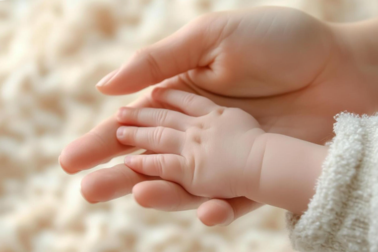 A close-up of a small baby's hand resting on an adult's hand.