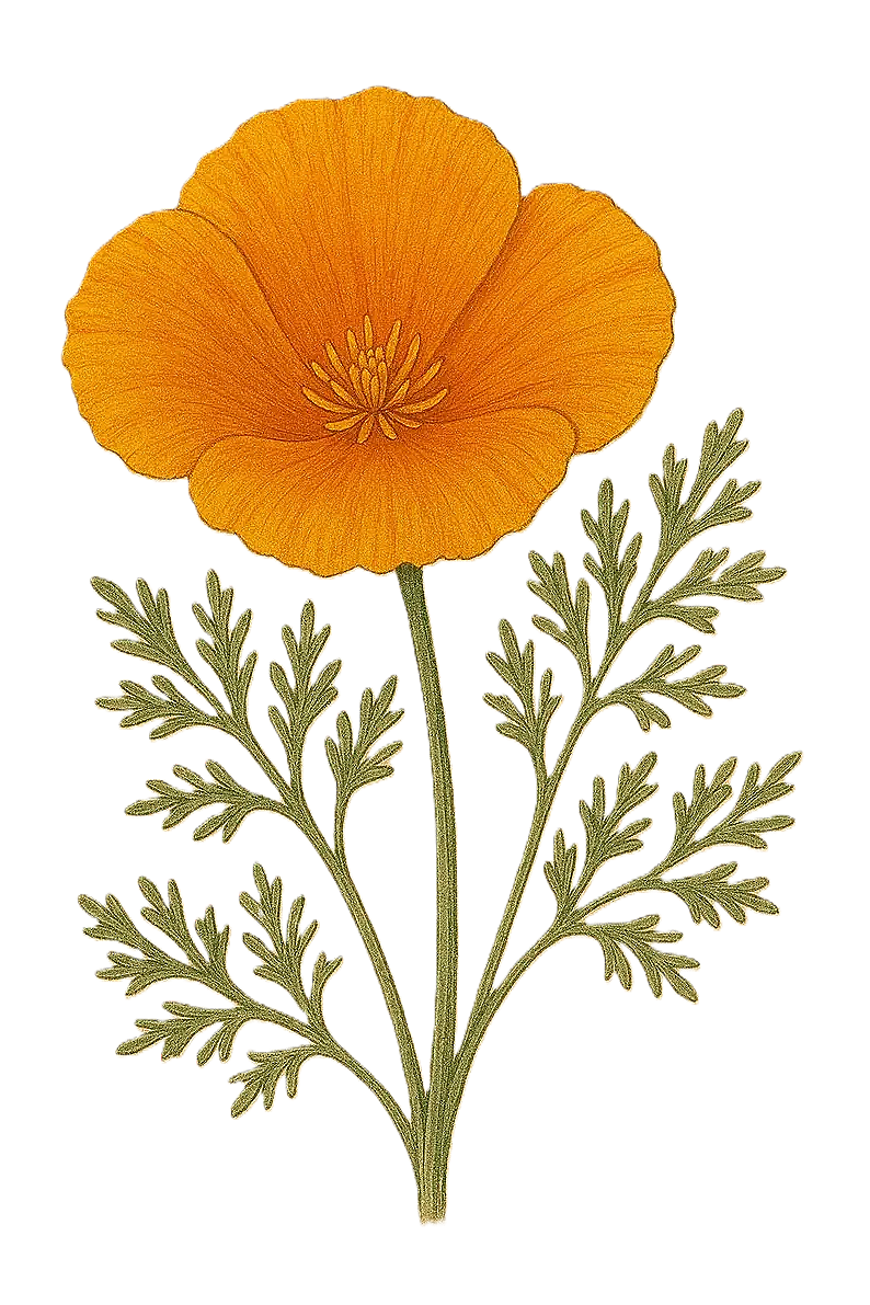 A detailed illustration of a bright orange poppy flower with delicate petals and intricate center, accompanied by green fern-like leaves.