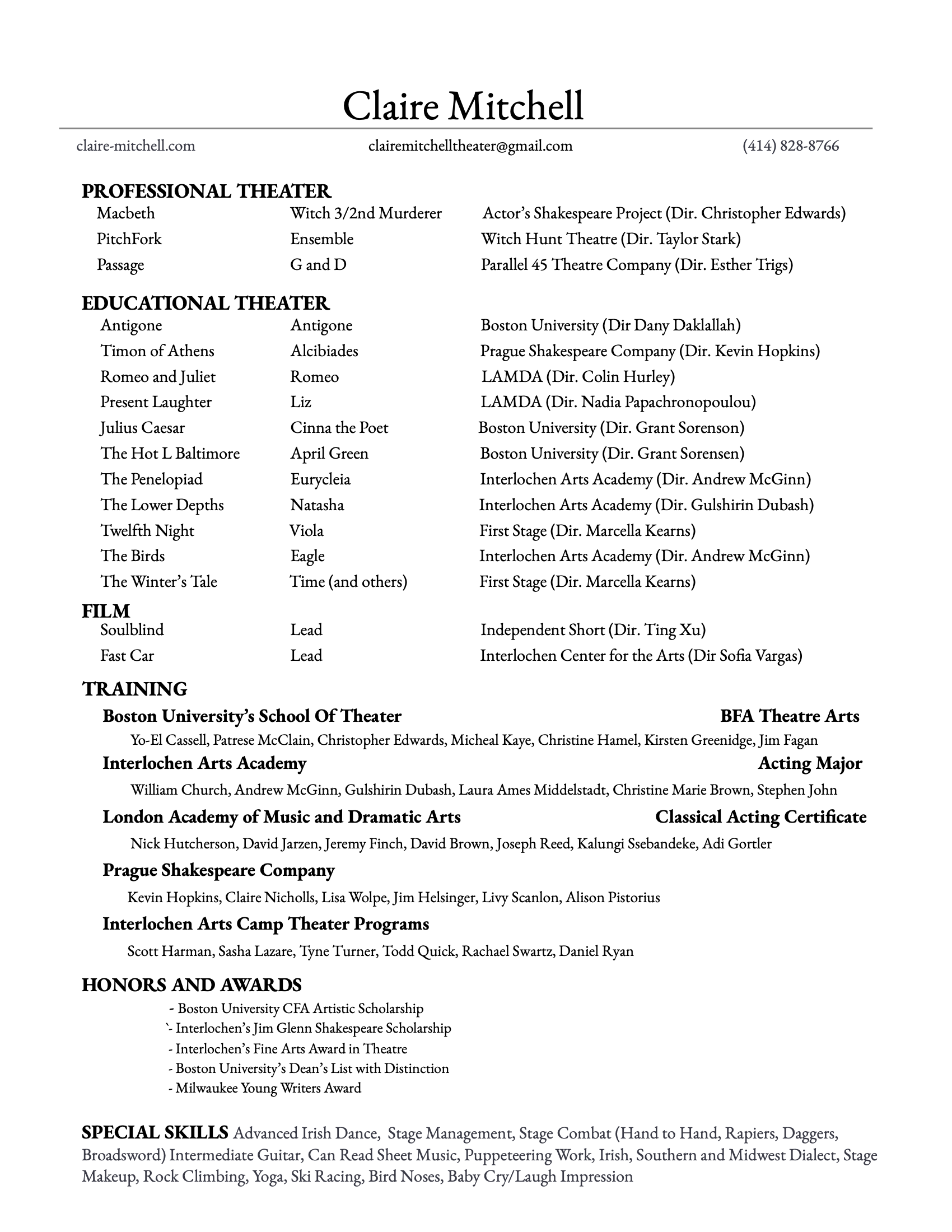 A resume or curriculum vitae document listing the name Claire Mitchell at the top, along with contact information including email and phone number, followed by sections detailing her experience and achievements in professional theater, educational theater, film, training, honors, awards, and special skills.