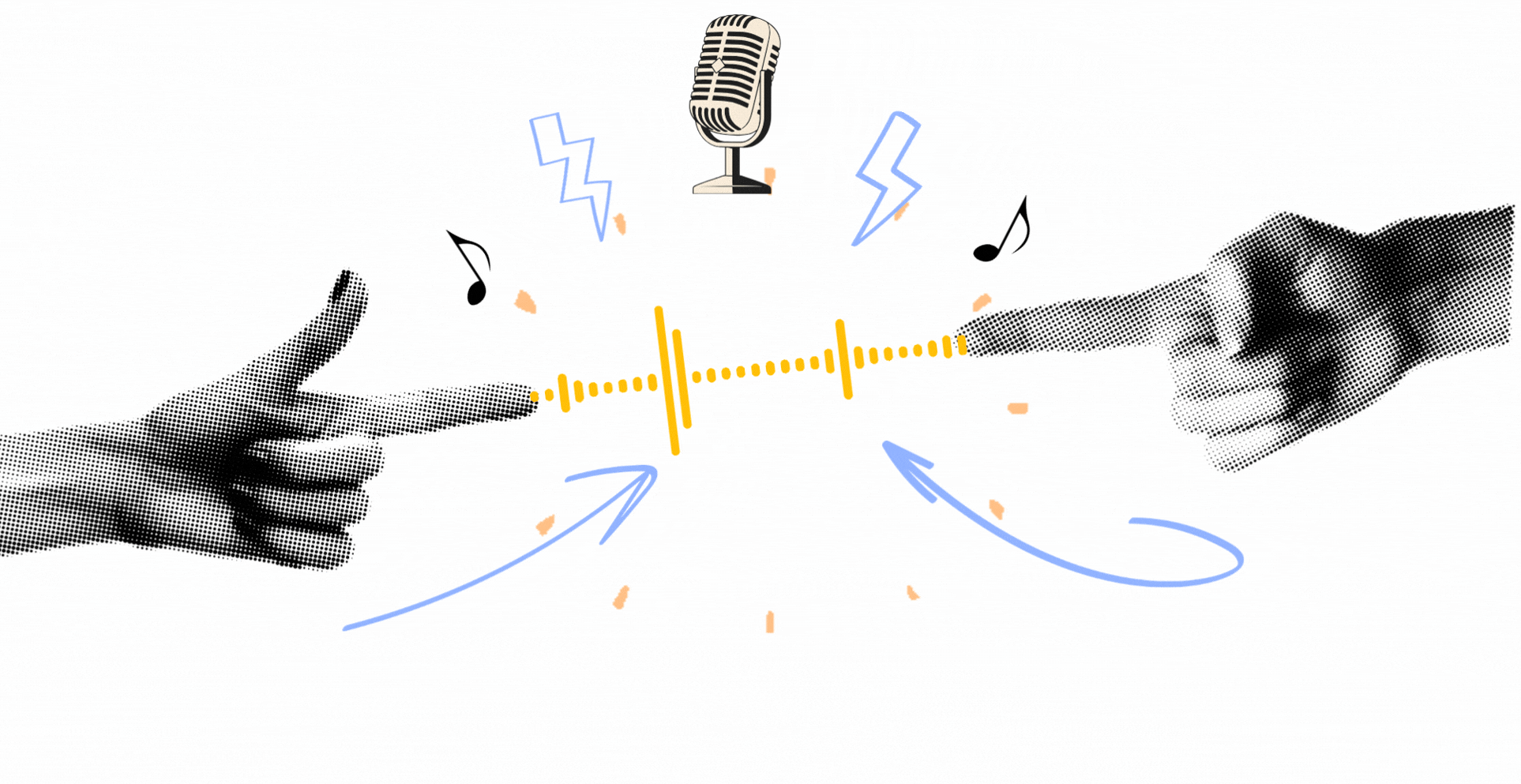 Illustration of two hands pointing at each other with a sound wave between, surrounded by musical notes, lightning bolts, a vintage microphone, and arrows, suggesting communication and music.
