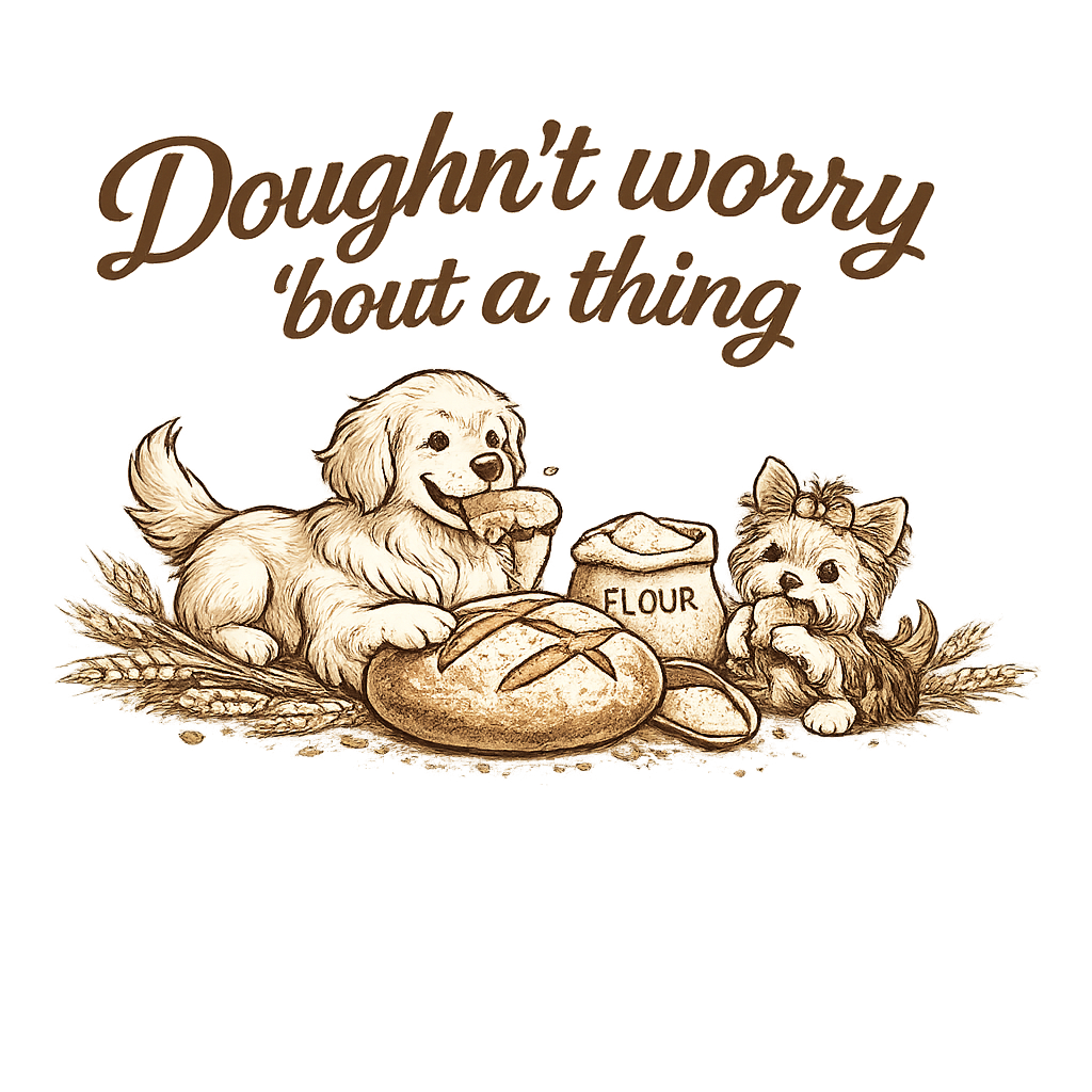 Illustration of a puppy and a kitten with baking ingredients and bread, with the text "Doughn't worry 'bout a thing."