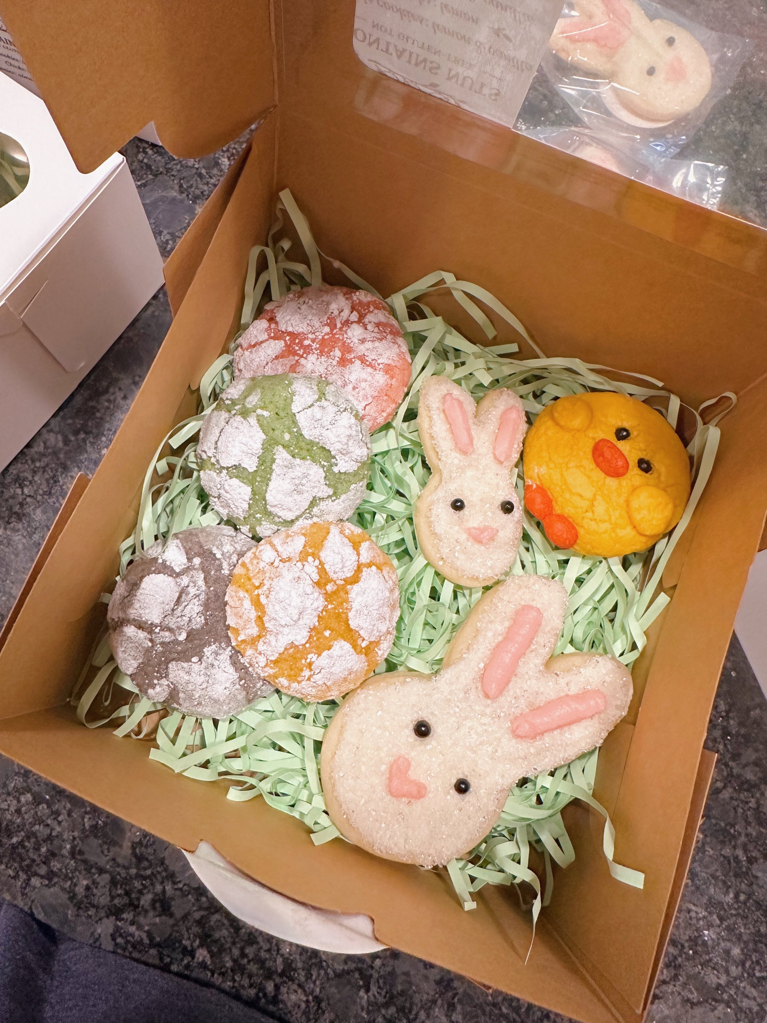 Easter-themed decorated cookies in a cardboard box, including bunny, chick, and multi-colored chocolate cookies with powdered sugar, on green shredded paper.