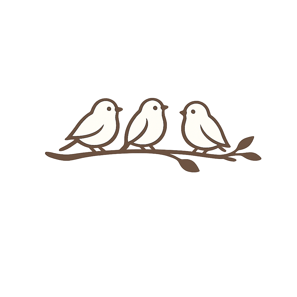 Illustration of three white birds sitting on a brown branch with leaves, set against a white background.