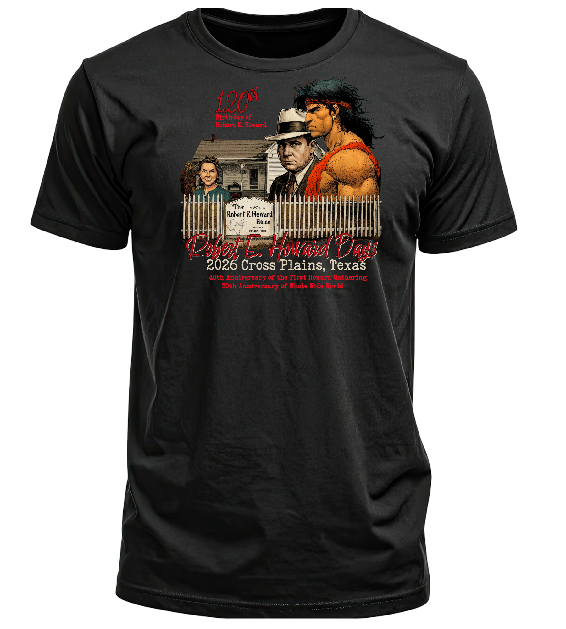 Robert E. Howard Days 2026 T-Shirt – 120th Birthday – Cross Plains Texas – Black Cotton Shirt