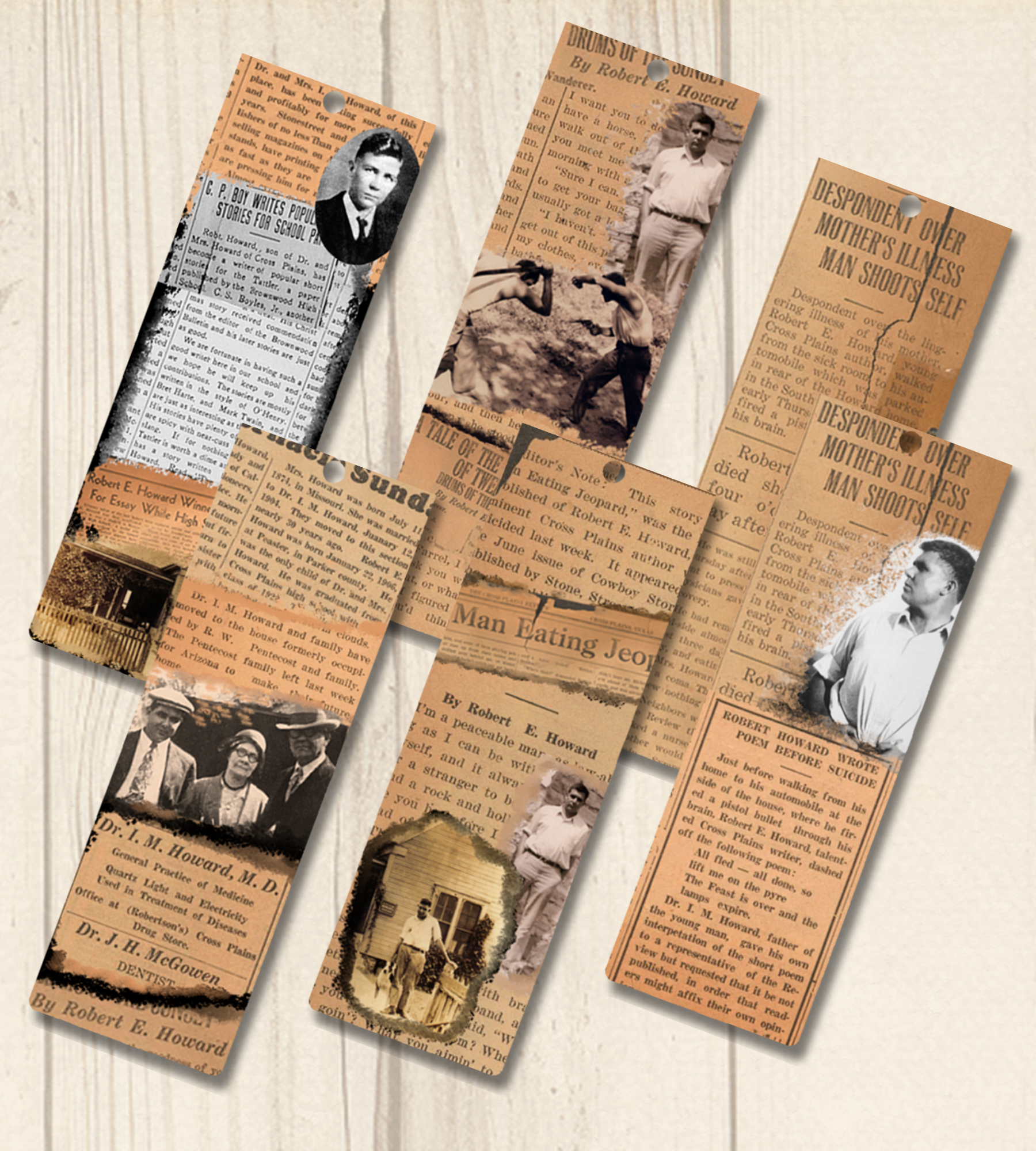 Robert E. Howard Historical Bookmark Set of 6 – Vintage Newspaper Collage
