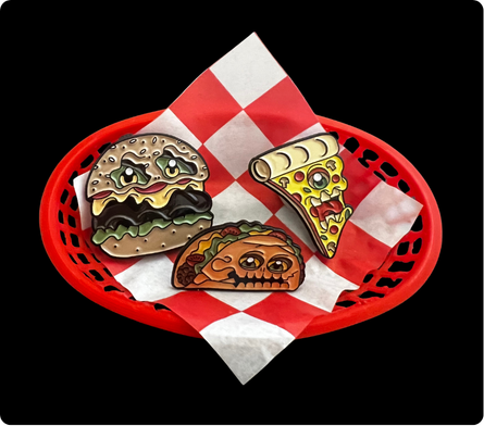 Enor monster munchies pin collection in fast food basket including a taco, burger, and pizza slice
