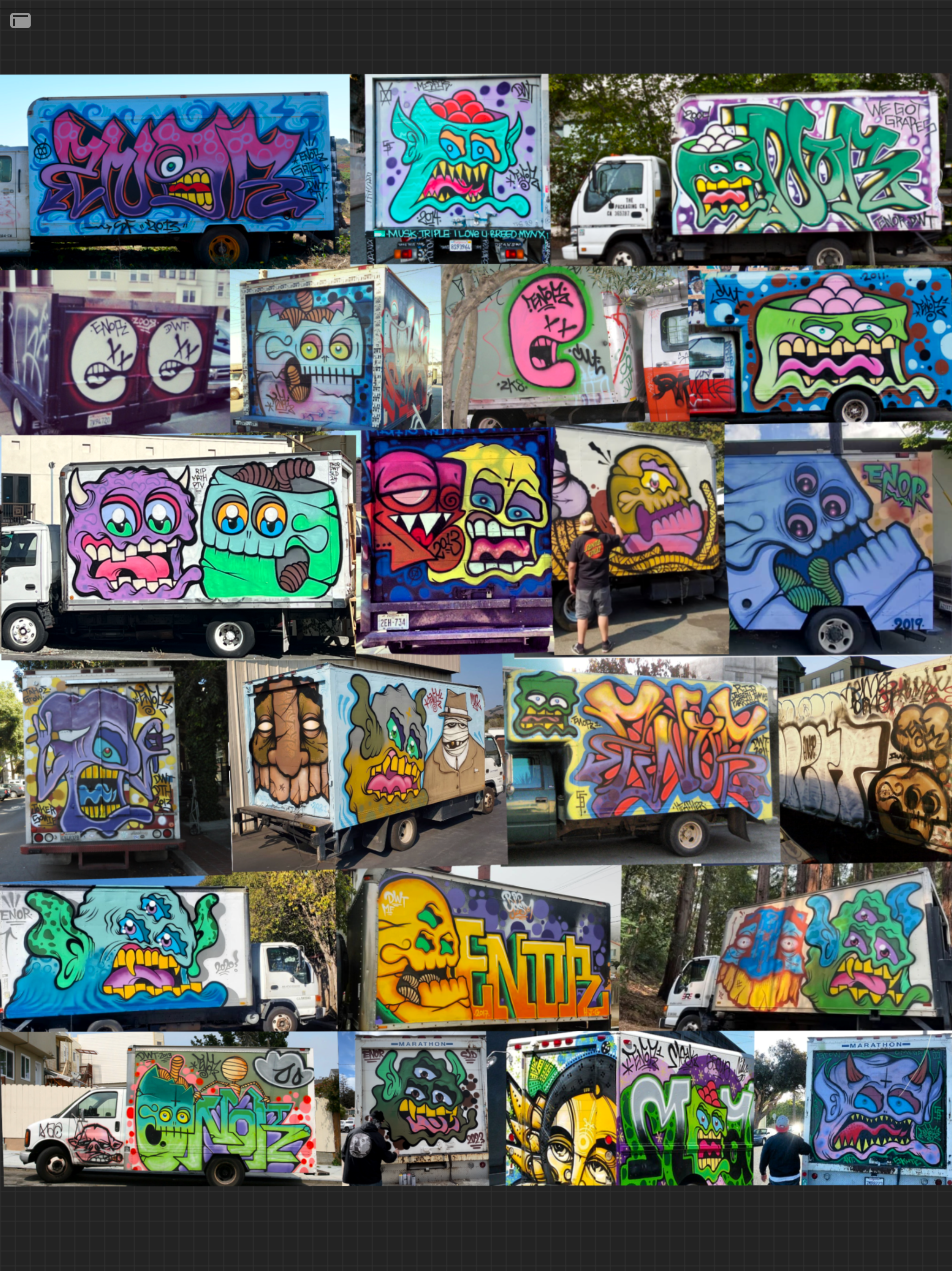 Collection of trucks and vans covered in colorful graffiti art.