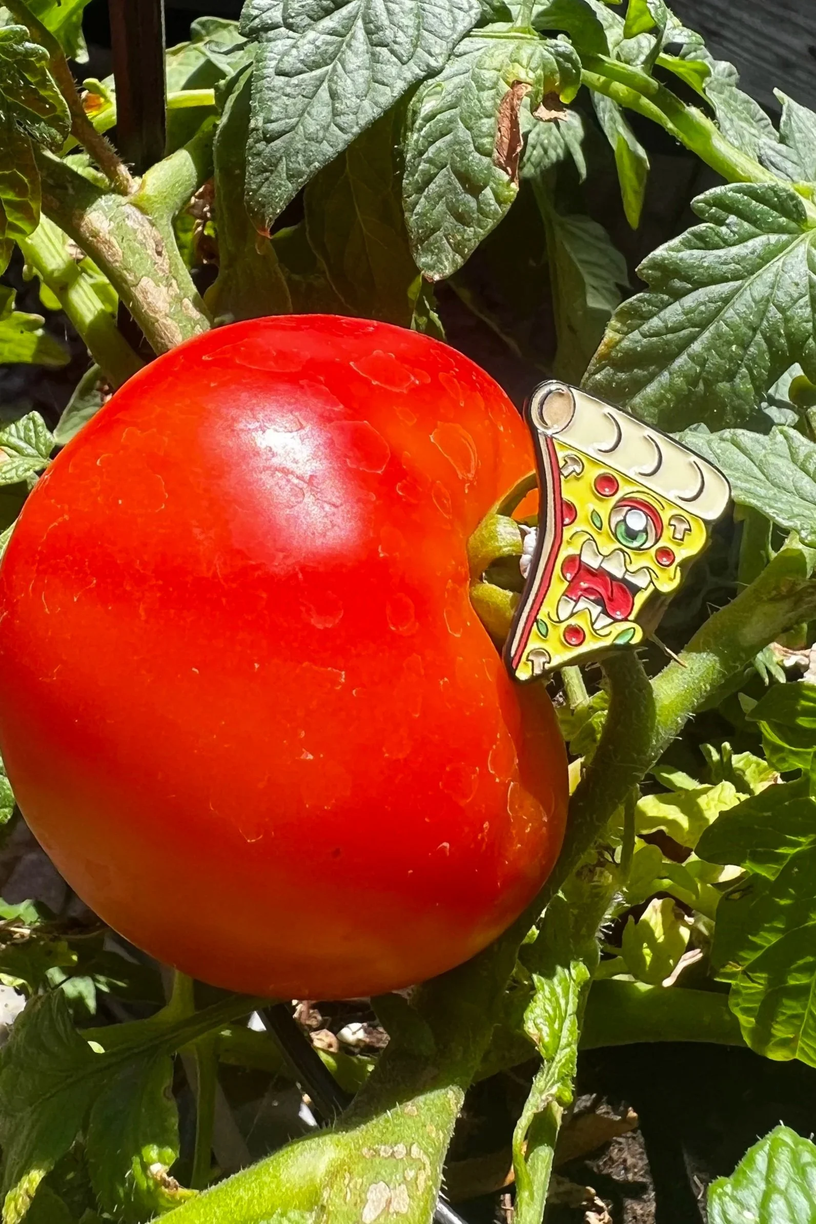 Enor pizza monster enamel pin 1 inch with tomato background