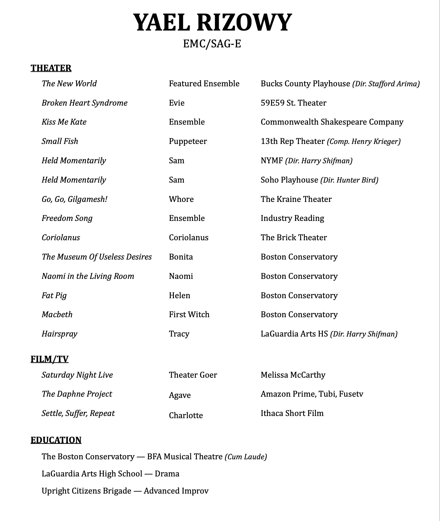 A list of theatrical performances, TV shows, and educational programs with their titles, types, and venues or creators, including details like director and production company.