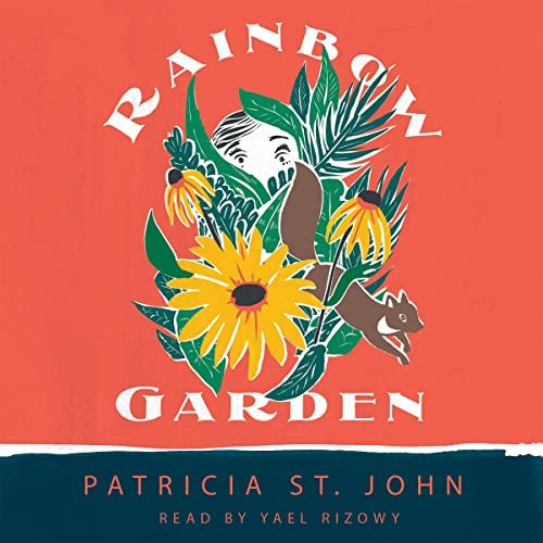Book cover titled 'Rainforest Garden' by Patricia St. John, featuring a colorful illustration of rainforest plants and a small animal on a coral background.