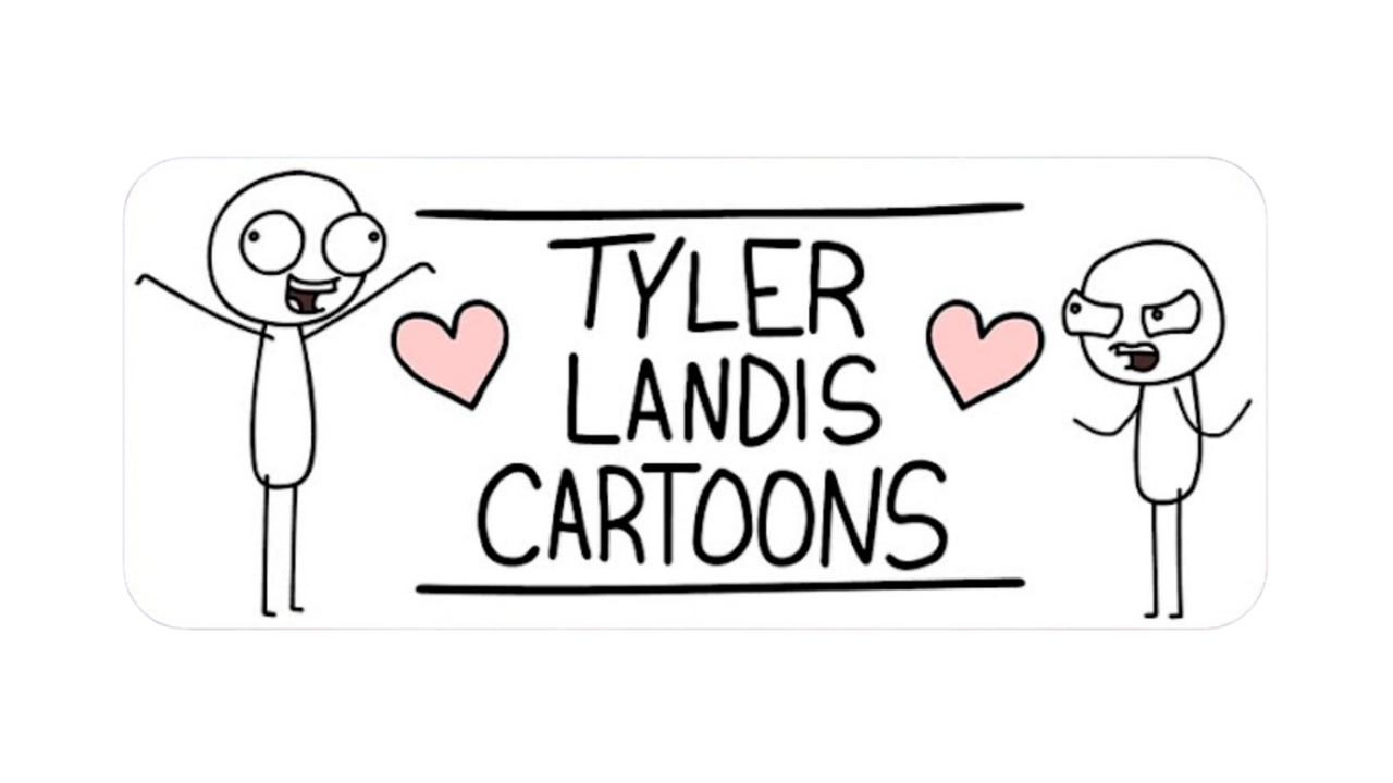 Cartoon sign with two characters holding pink hearts, reading 'Tyler Landis Cartoons' in black text.