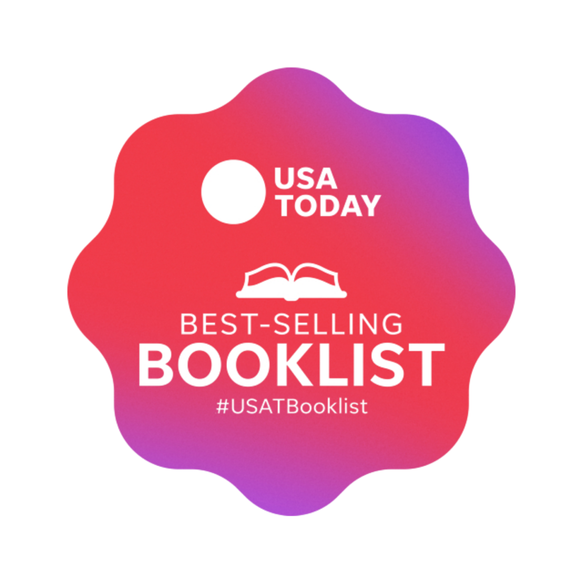 Colorful badge with gradient red and purple background, featuring text 'USA TODAY', an open book icon, and the hashtag '#USATBlist' for promoting best-selling books.