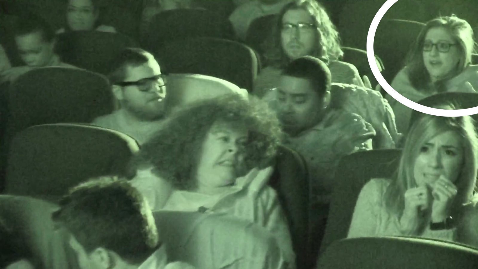 People sitting on a bus at night, some appearing distressed or uncomfortable, with a woman circled in the top right corner looking surprised or excited.