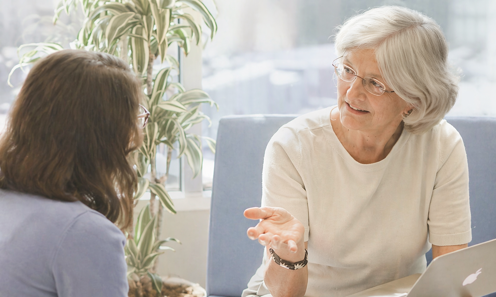 Two women having a conversation in an office, sitting at a table with a laptop. One woman with white hair and glasses is explaining something with hand gestures, while the other woman with brown hair listens. There is a potted plant in the background.
