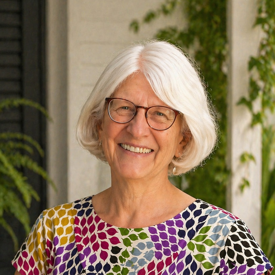 A smiling elderly woman with white hair, wearing glasses and a multicolored patterned blouse, standing outdoors near greenery.