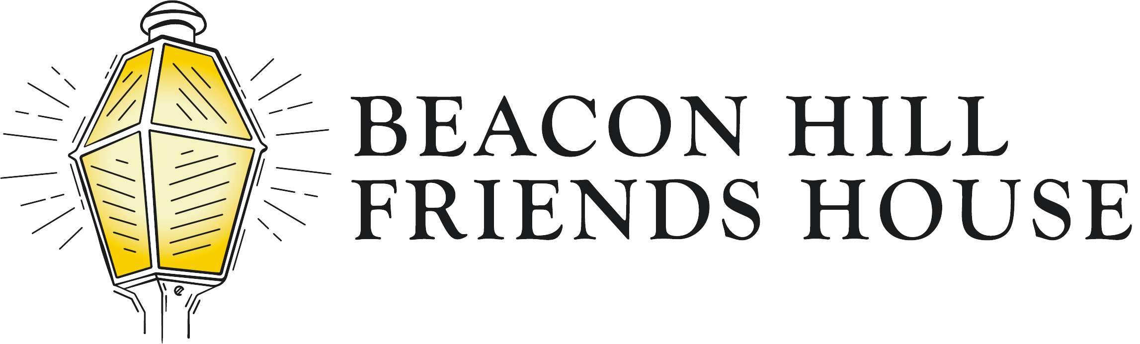 Illustration of a yellow street lamp with black outlines next to the text "BEACON HILL FRIENDS HOUSE" in black capital letters.