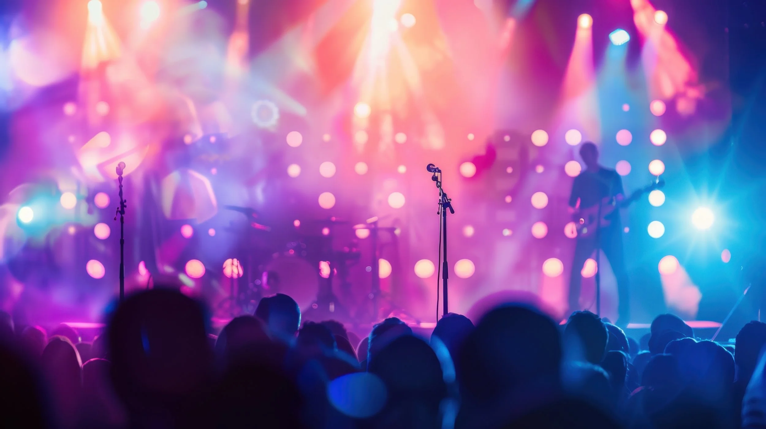 Stage with colorful lights and musical instruments, audience silhouettes in the foreground.
