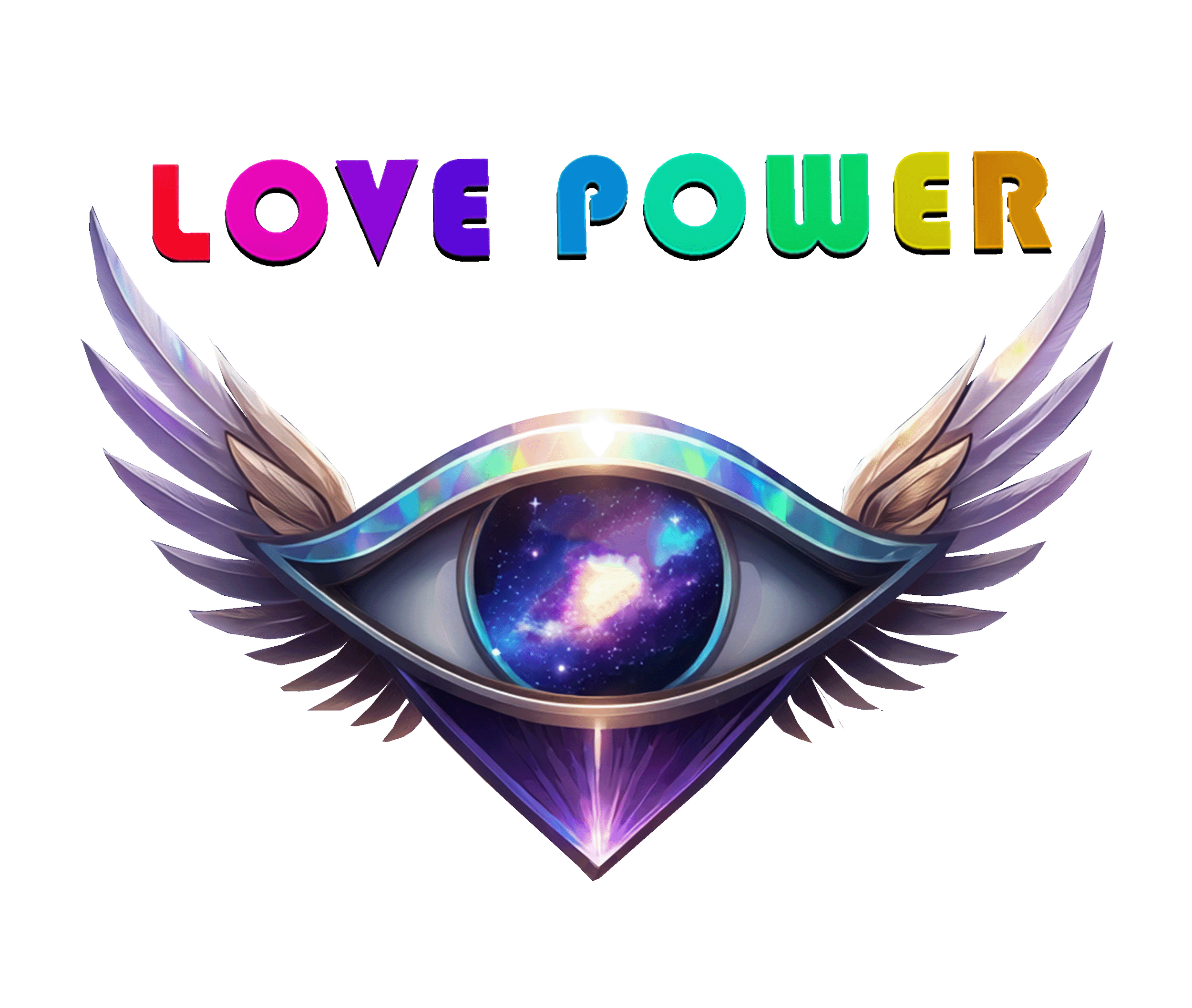 The phrase 'Love, Power' written in colorful 3D block letters with a rainbow gradient, surrounded by abstract wing-like shapes.