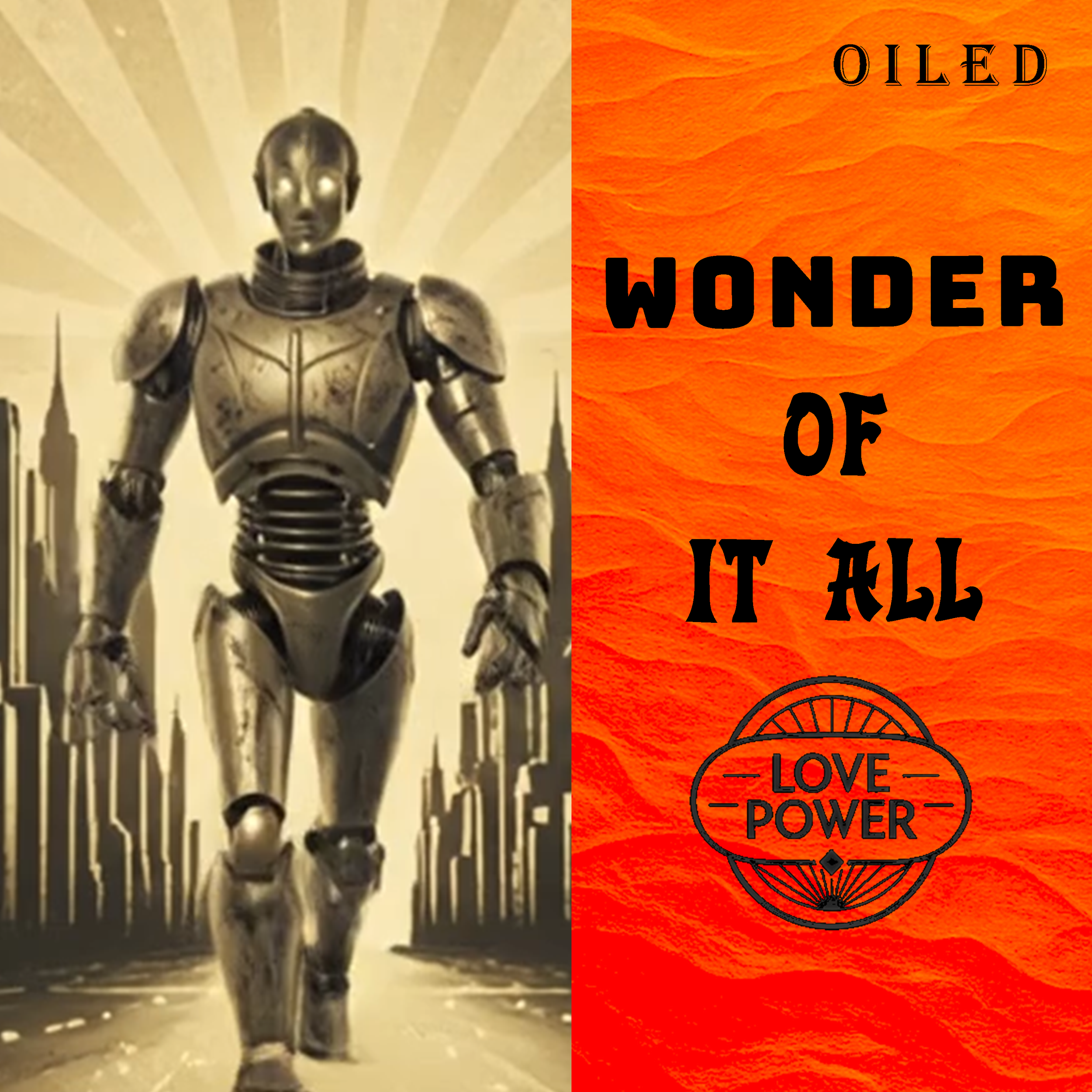 A robot in a suit standing in front of a wall with radiant lines, alongside a red textured background with phrases 'OILED WONDER', 'GUT', and 'LOVE-POWER'.