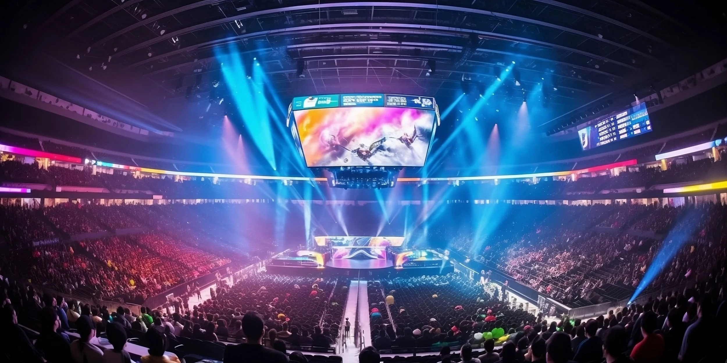A large indoor arena with a stage illuminated by blue and purple lights, large video screens displaying digital graphics, and an audience seated around the stage.