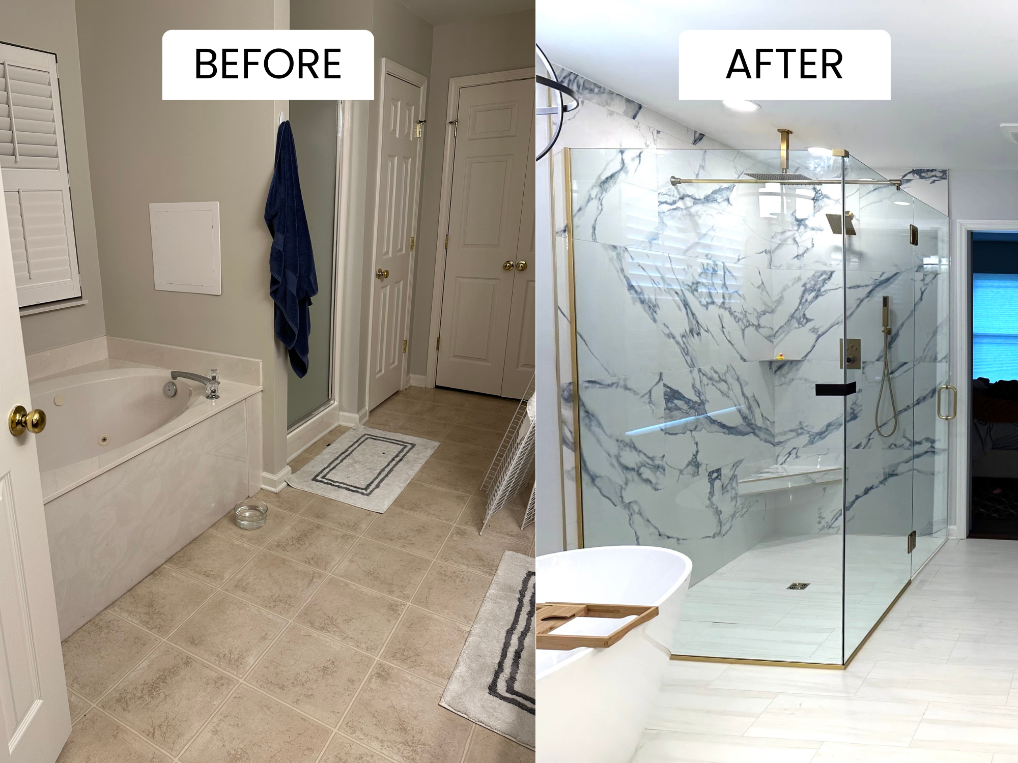 The image shows a before and after renovation of a bathroom. The before side has beige floor tiles, a corner bathtub, a white door, and a towel hanging on the wall. The after side features a sleek marble-tiled shower with clear glass doors, gold fixt