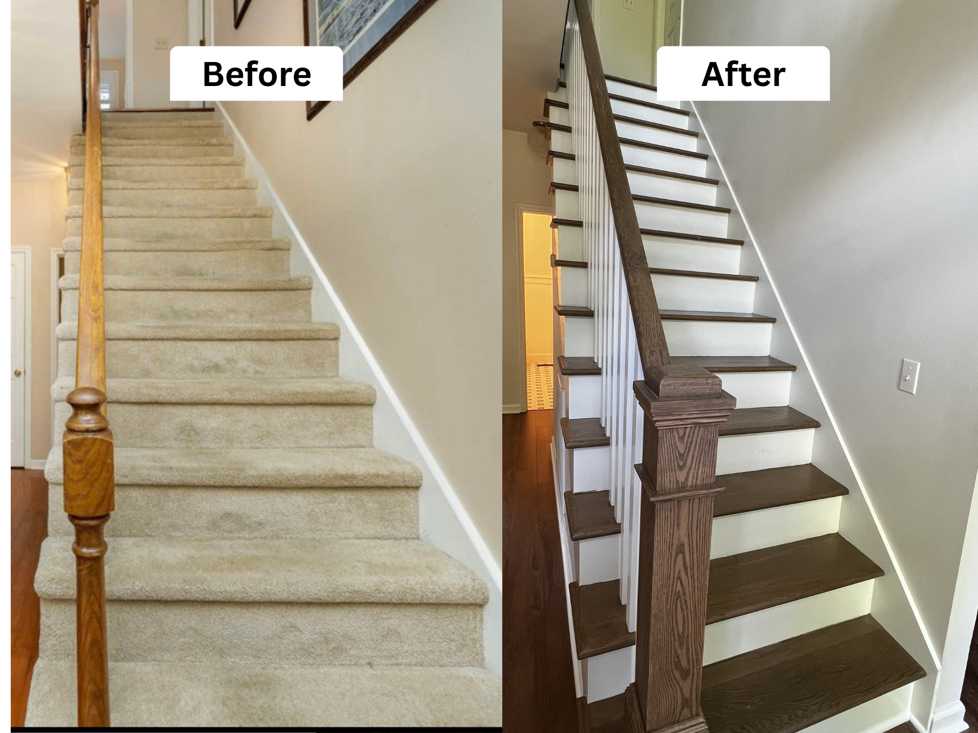 Comparison of stairs before and after renovation. The "Before" side shows carpeted stairs with a wooden handrail, while the "After" side shows stairs with dark hardwood steps, white risers, and a new wooden handrail.