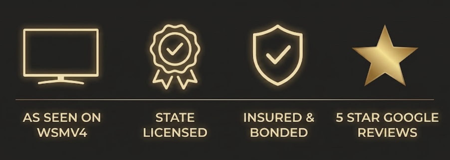 Icons representing a TV, a certificate with a check mark, a shield with a check mark, and a star, with text underneath that reads: 'As seen on WSMV4,' 'State Licensed,' 'Insured & Bonded,' and '5 Star Google Reviews.'