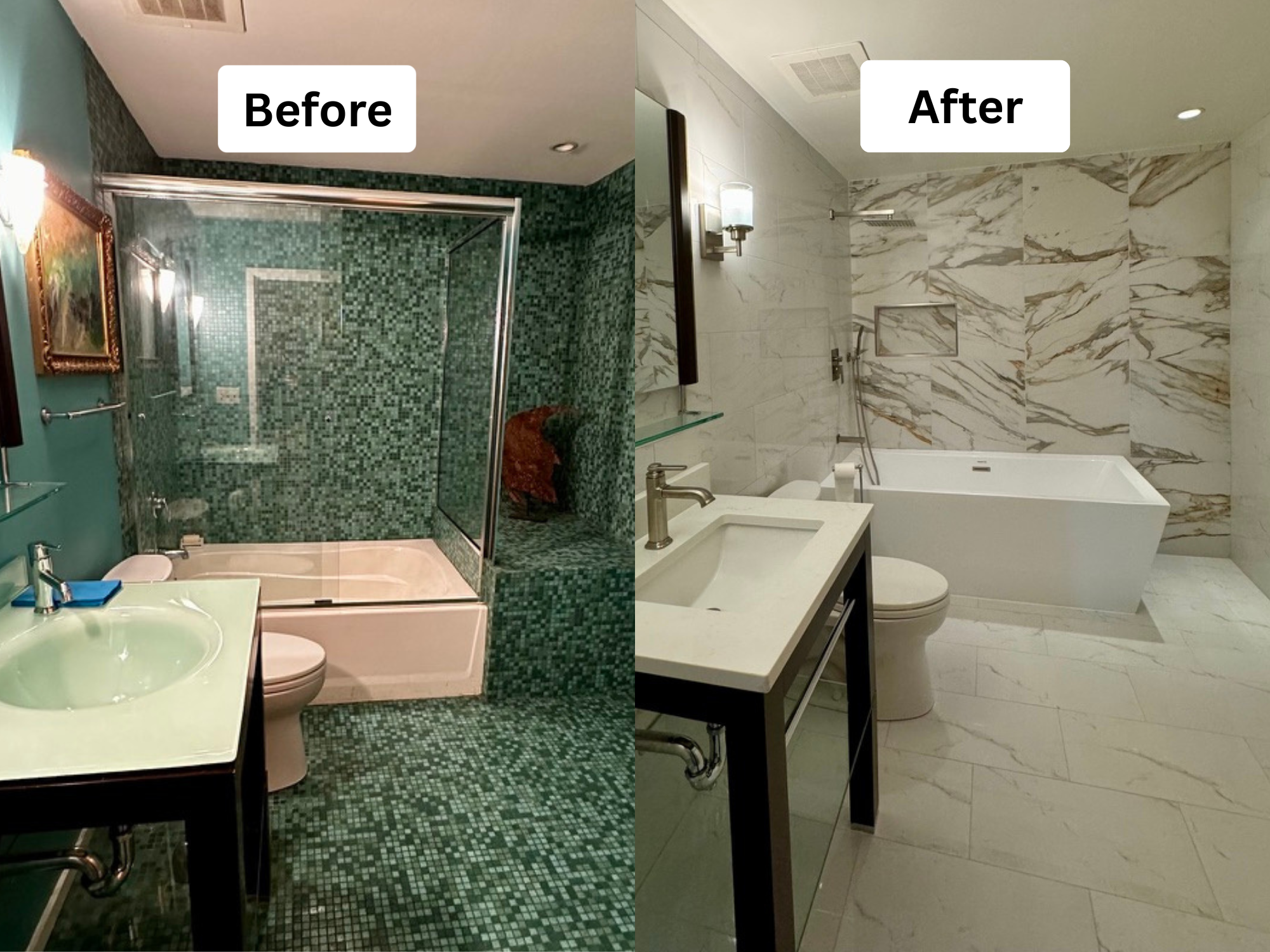 Comparison of a bathroom before and after renovation. The 'Before' side features green mosaic tiles on the walls and floor, a glass shower enclosure, a framed painting, and a green vanity. The 'After' side showcases a modern bathroom with white marbl