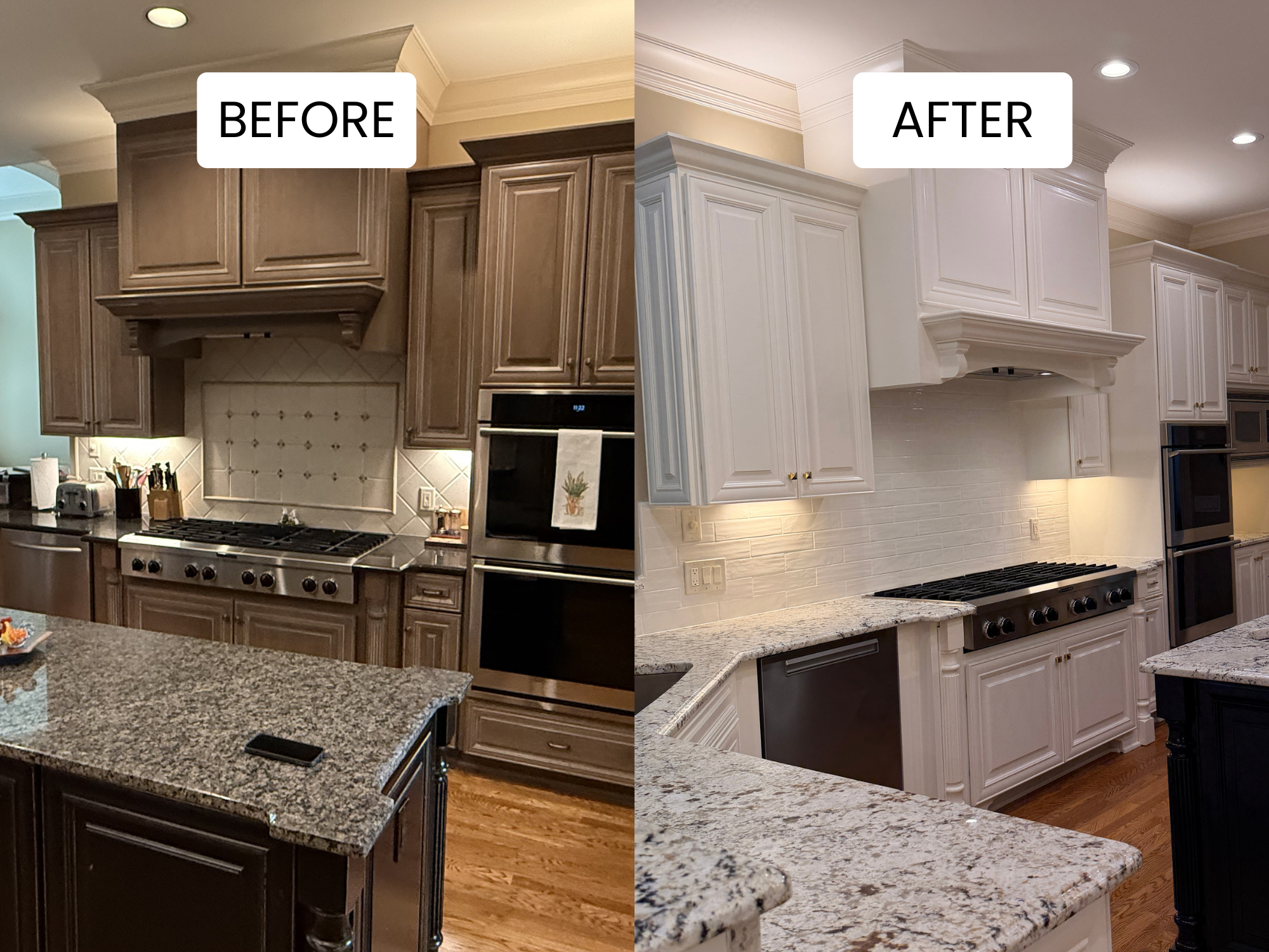 Side-by-side comparison of a kitchen before and after renovation. The left side shows a kitchen with wooden cabinets and a tiled backsplash. The right side features painted white cabinets and a white subway tile backsplash, with updated crown molding