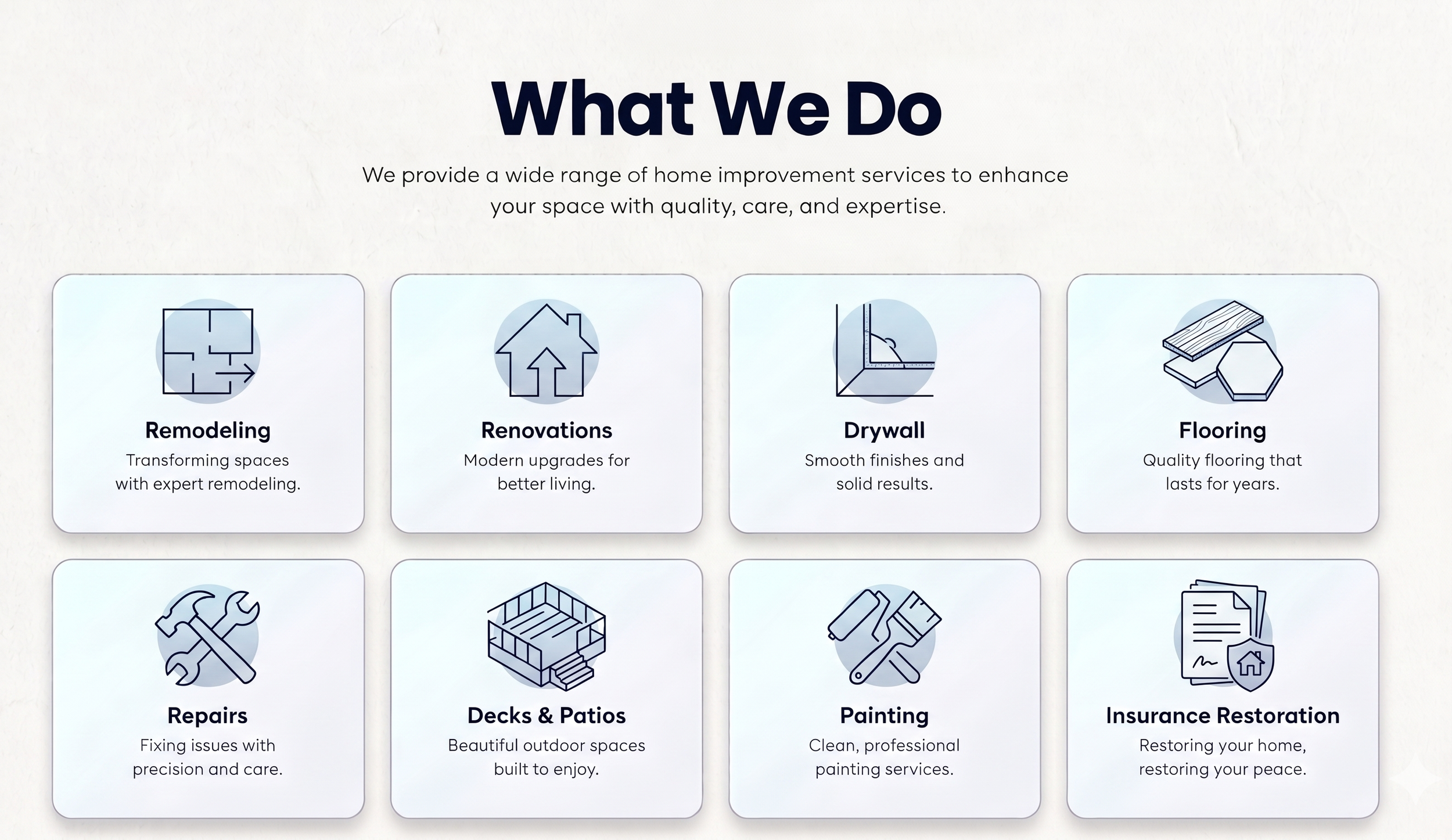 Website page titled 'What We Do' with icons and descriptions of home improvement services, including Remodeling, Renovations, Drywall, Flooring, Repairs, Decks & Patios, Painting, Insurance Restoration.