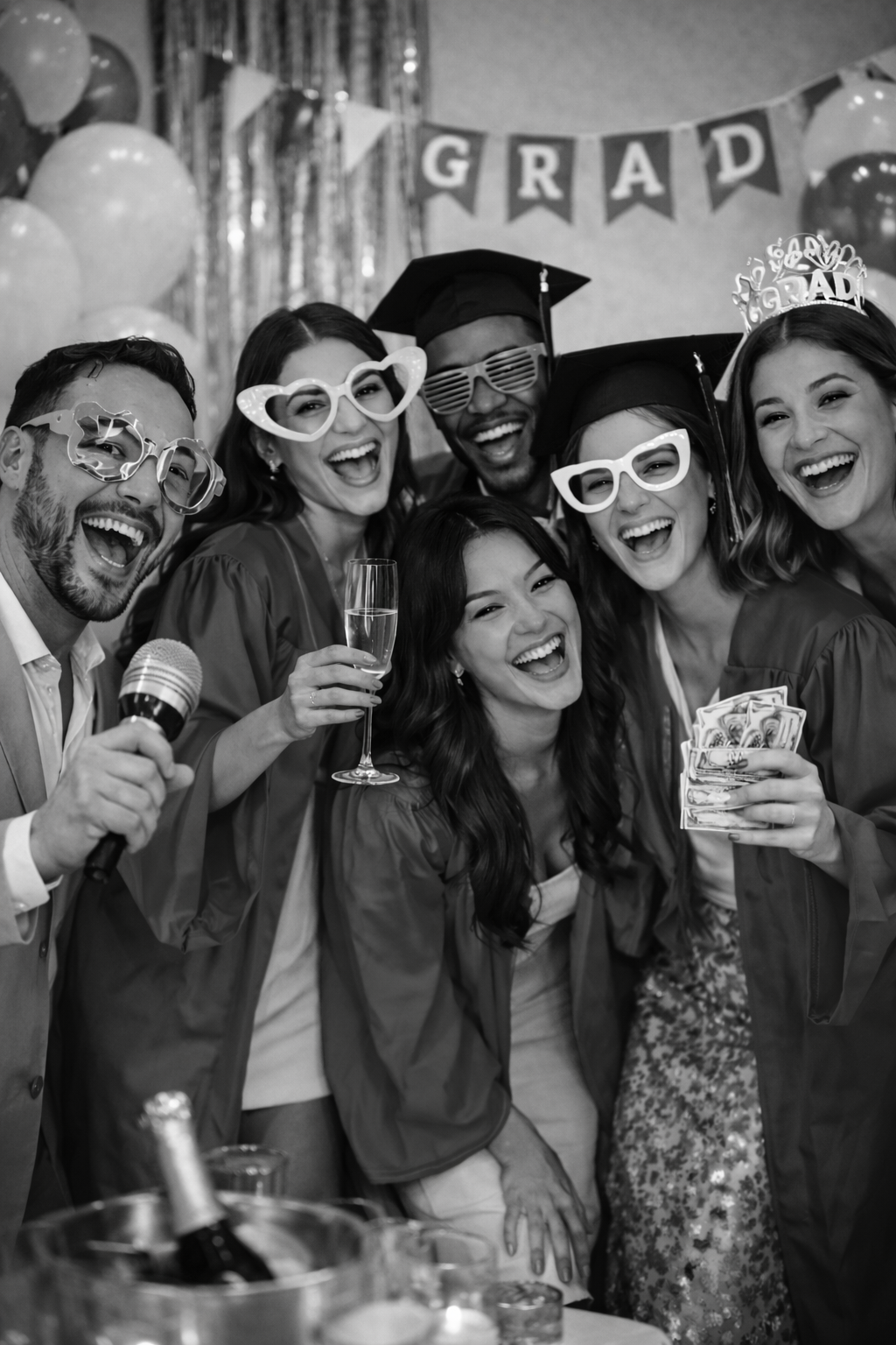 Group of diverse young adults celebrating at a graduation party, wearing caps and gowns, with decorative balloons and a "GRAD" banner, holding champagne and money, smiling and laughing.