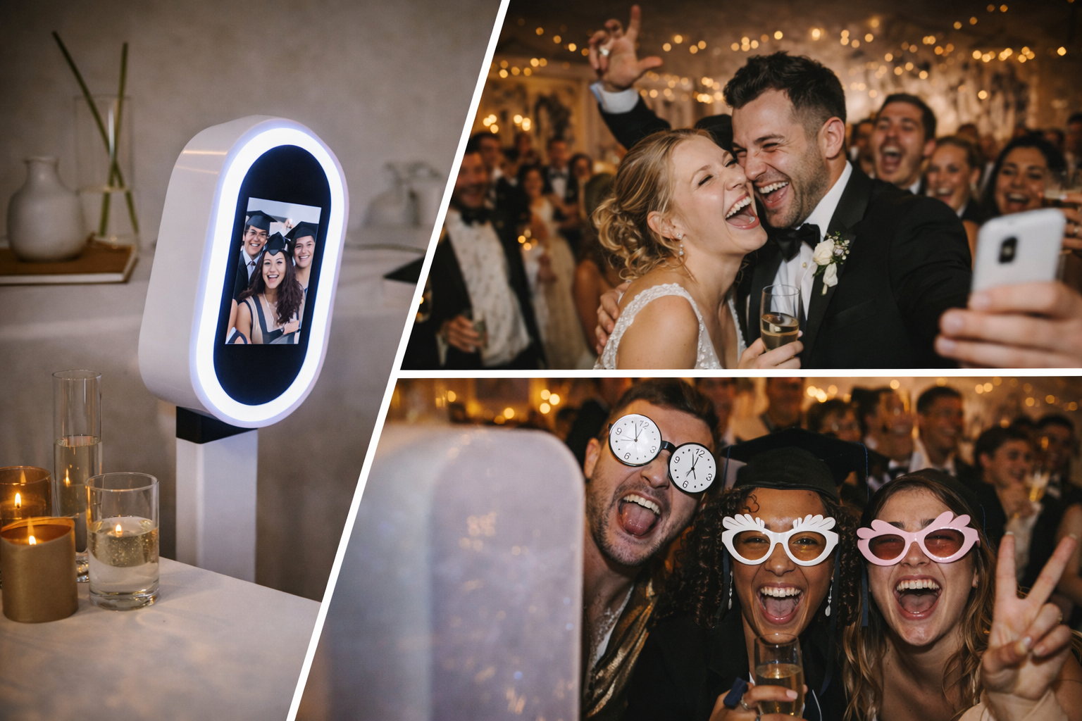 Photo booth and two scenes from a wedding celebration. The top right shows a bride and groom laughing and taking a selfie with guests in the background. The bottom right shows three guests in fun glasses and hats, celebrating with drinks and making peace signs.