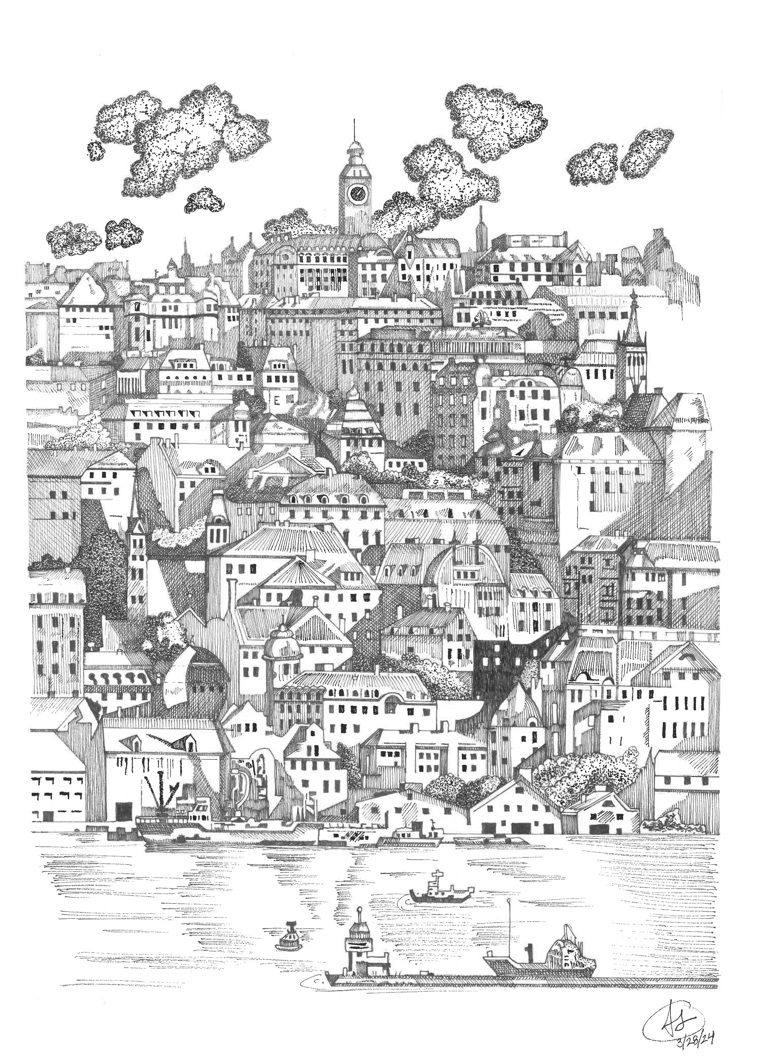 Black and white drawing of a cityscape with numerous buildings stacked on a hillside overlooking a body of water with boats.