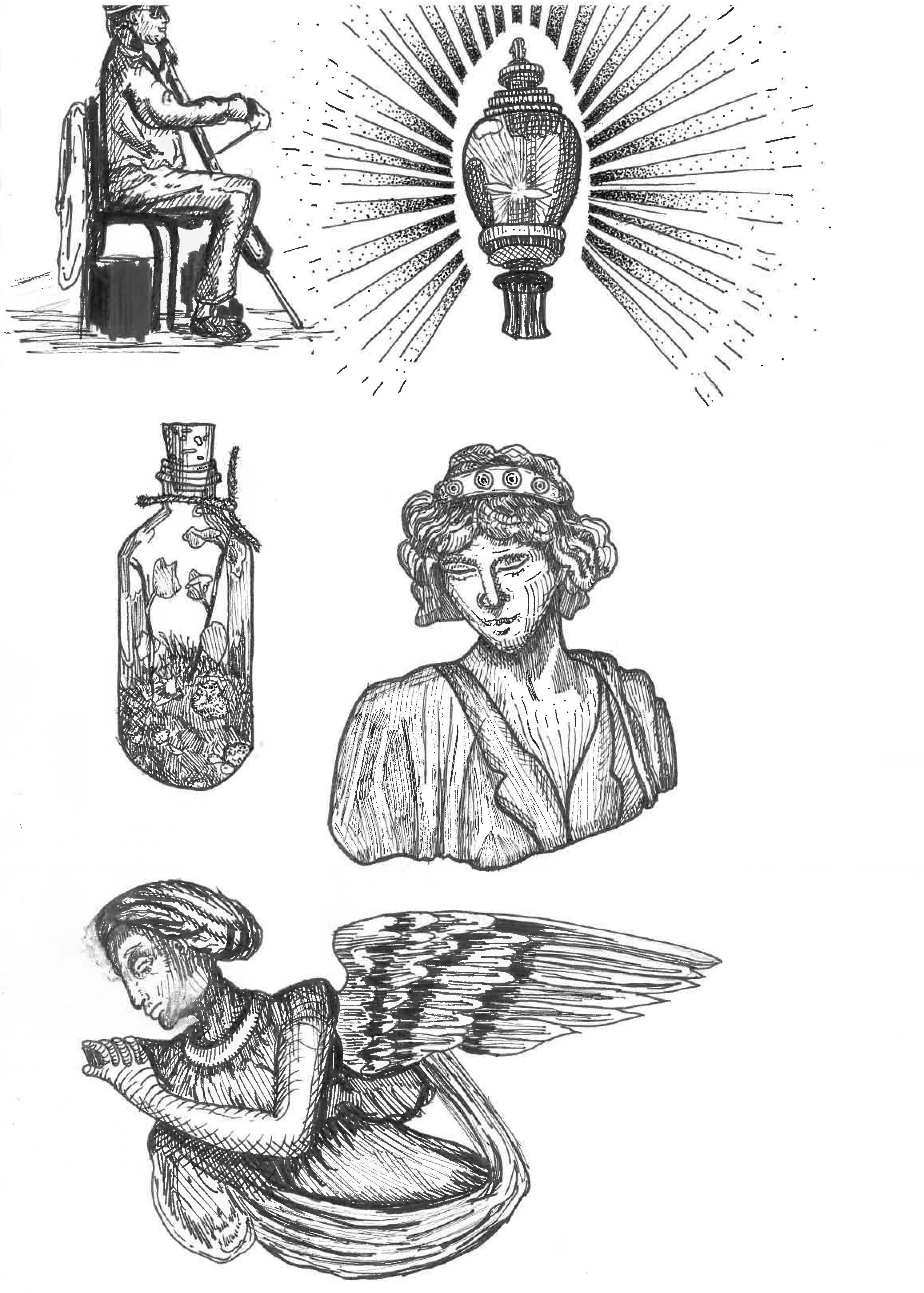 A collection of black and white sketches featuring a seated man with a cane, a glowing lantern, a bottle with landscape art, a woman with wings sitting in a bowl, and a woman's bust with a crown.