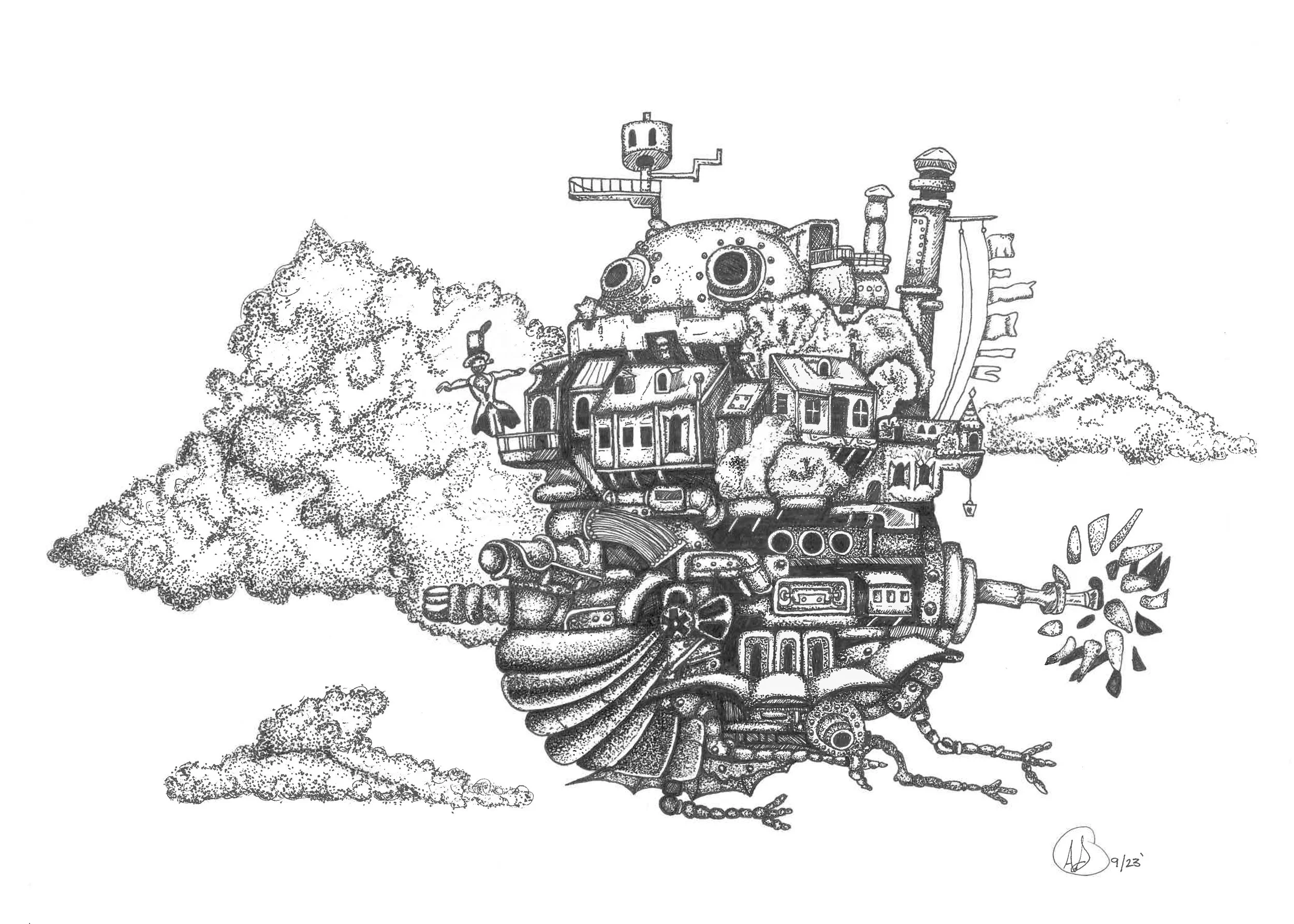 Black and white drawing of a whimsical, detailed flying steampunk airship with various architectural elements, smoke clouds, and a propeller, floating in the sky.