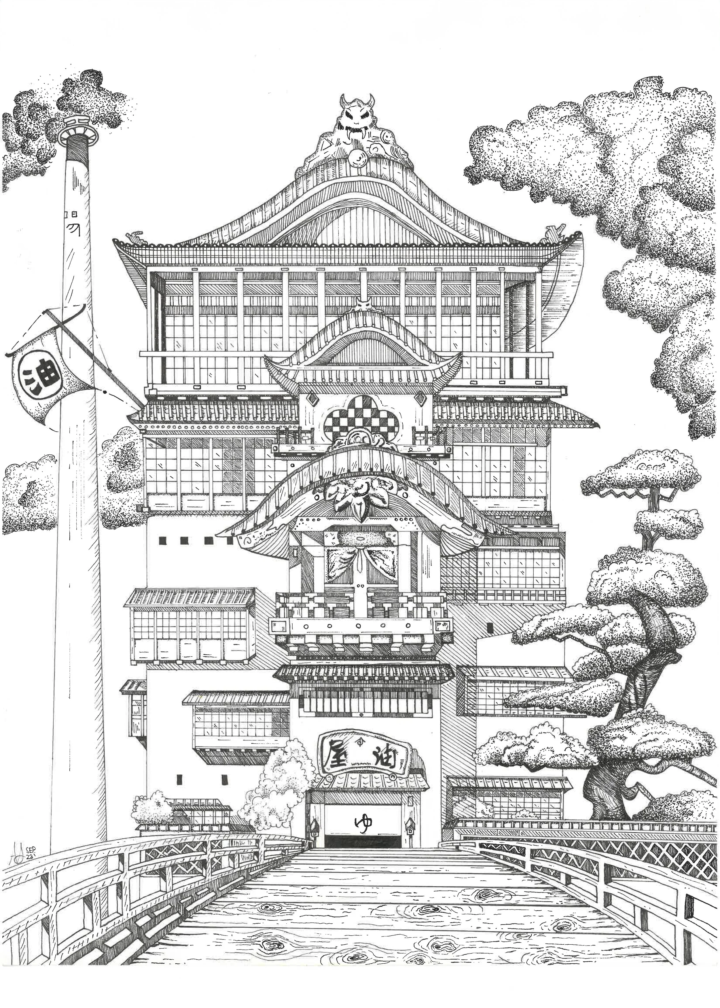 Blackwork illustration of the bath house from Spirited Away